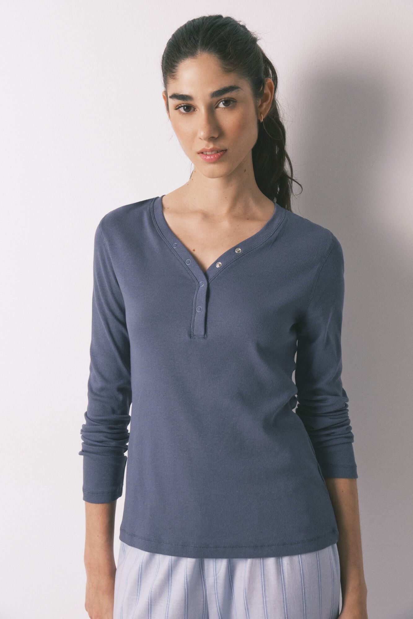 Blue ribbed cotton long sleeve T-shirt
