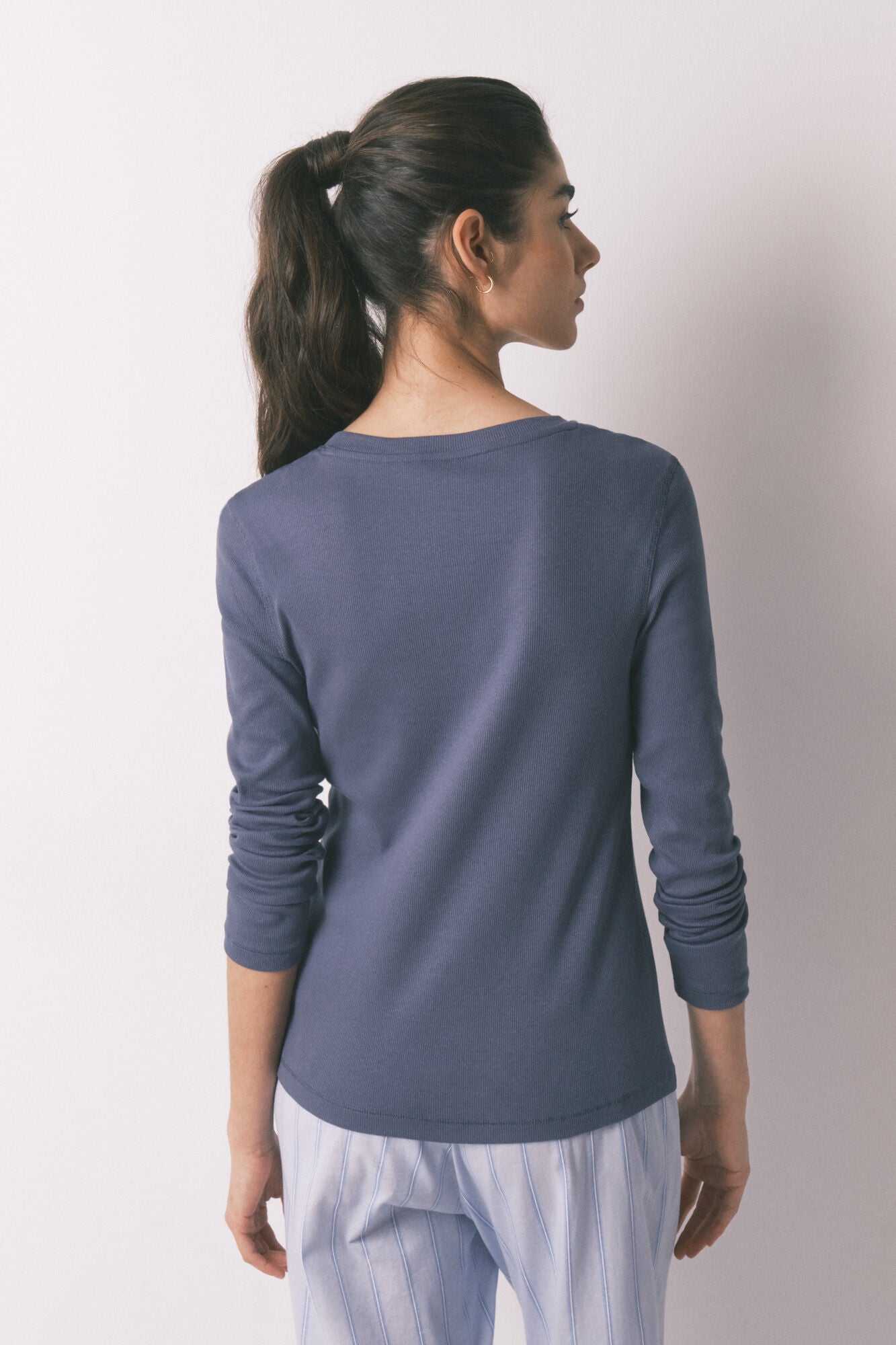 Blue ribbed cotton long sleeve T-shirt