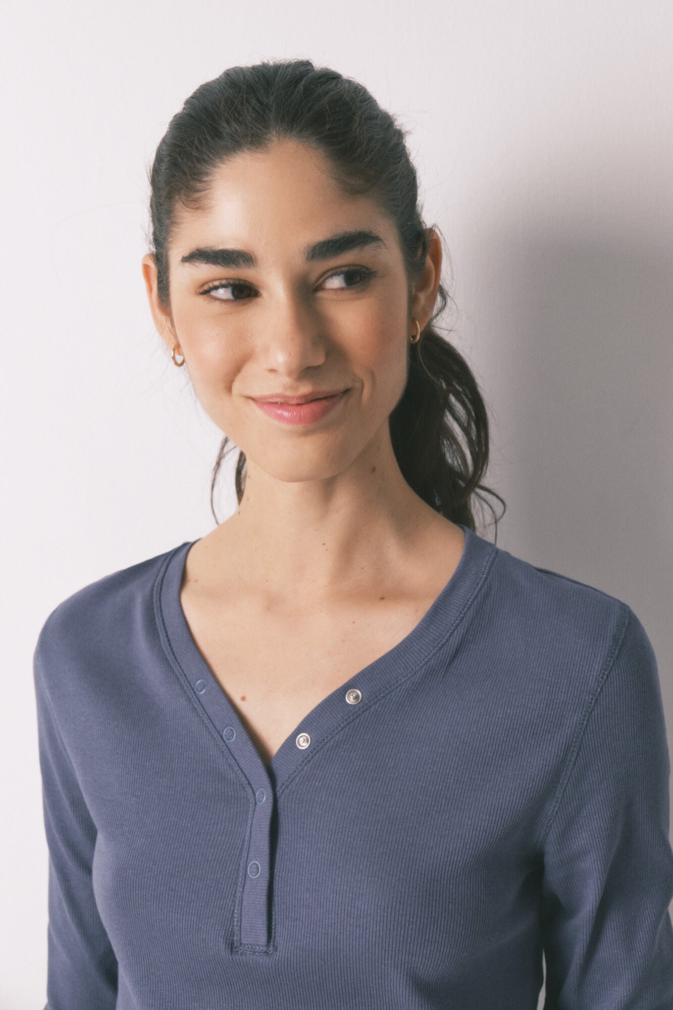 Blue ribbed cotton long sleeve T-shirt