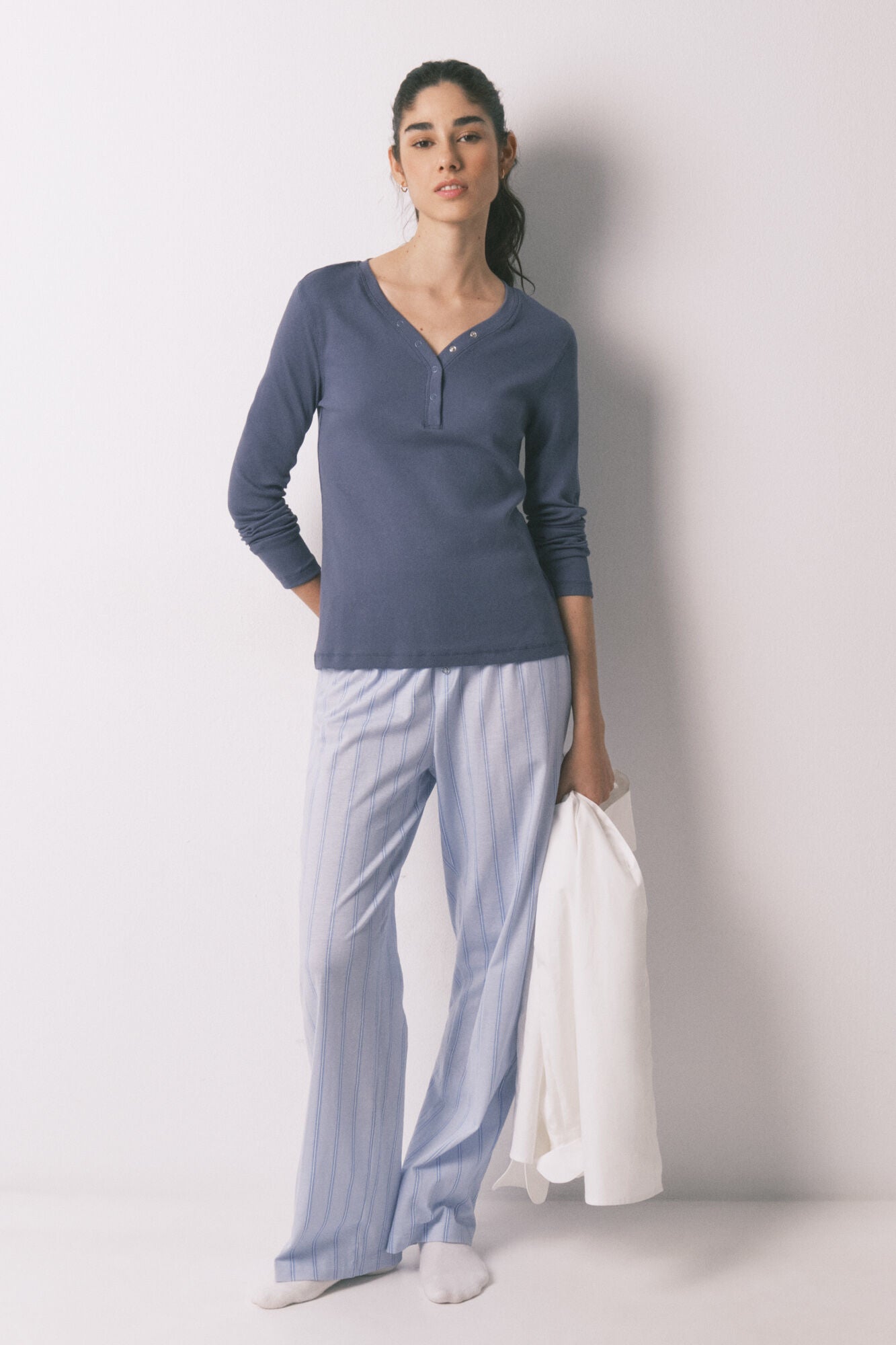 Blue ribbed cotton long sleeve T-shirt