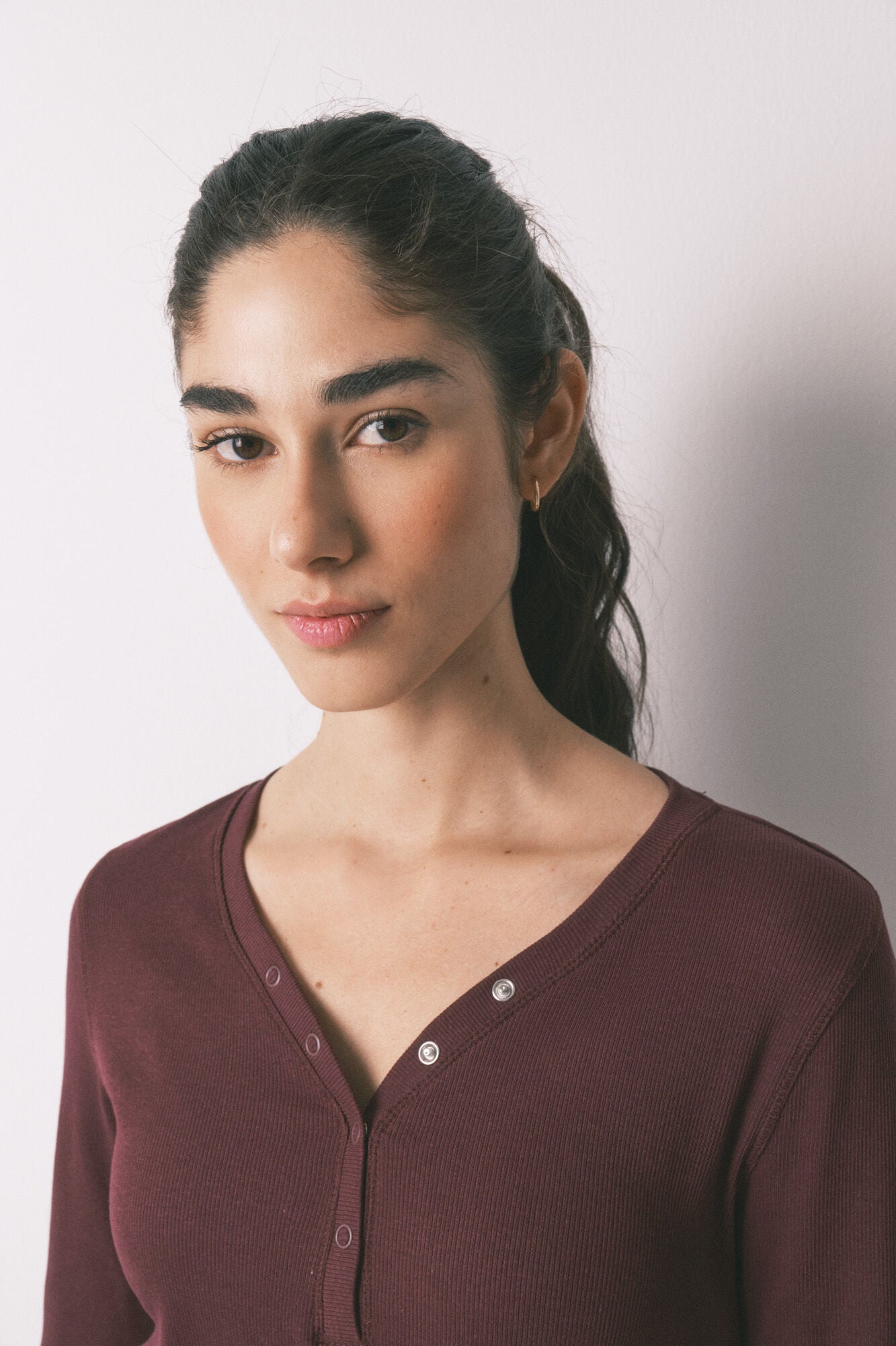Burgundy ribbed cotton long sleeve T-shirt