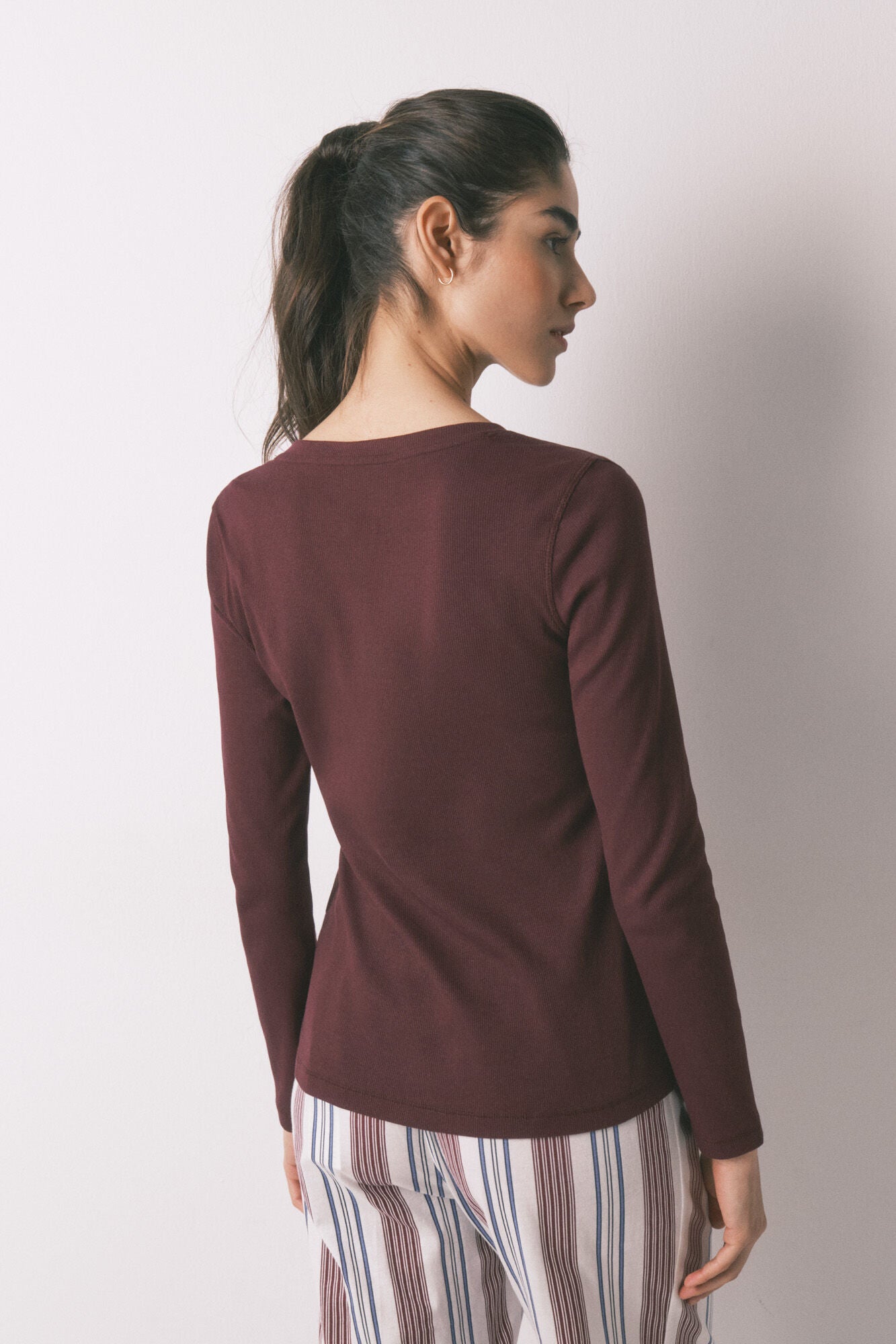 Burgundy ribbed cotton long sleeve T-shirt