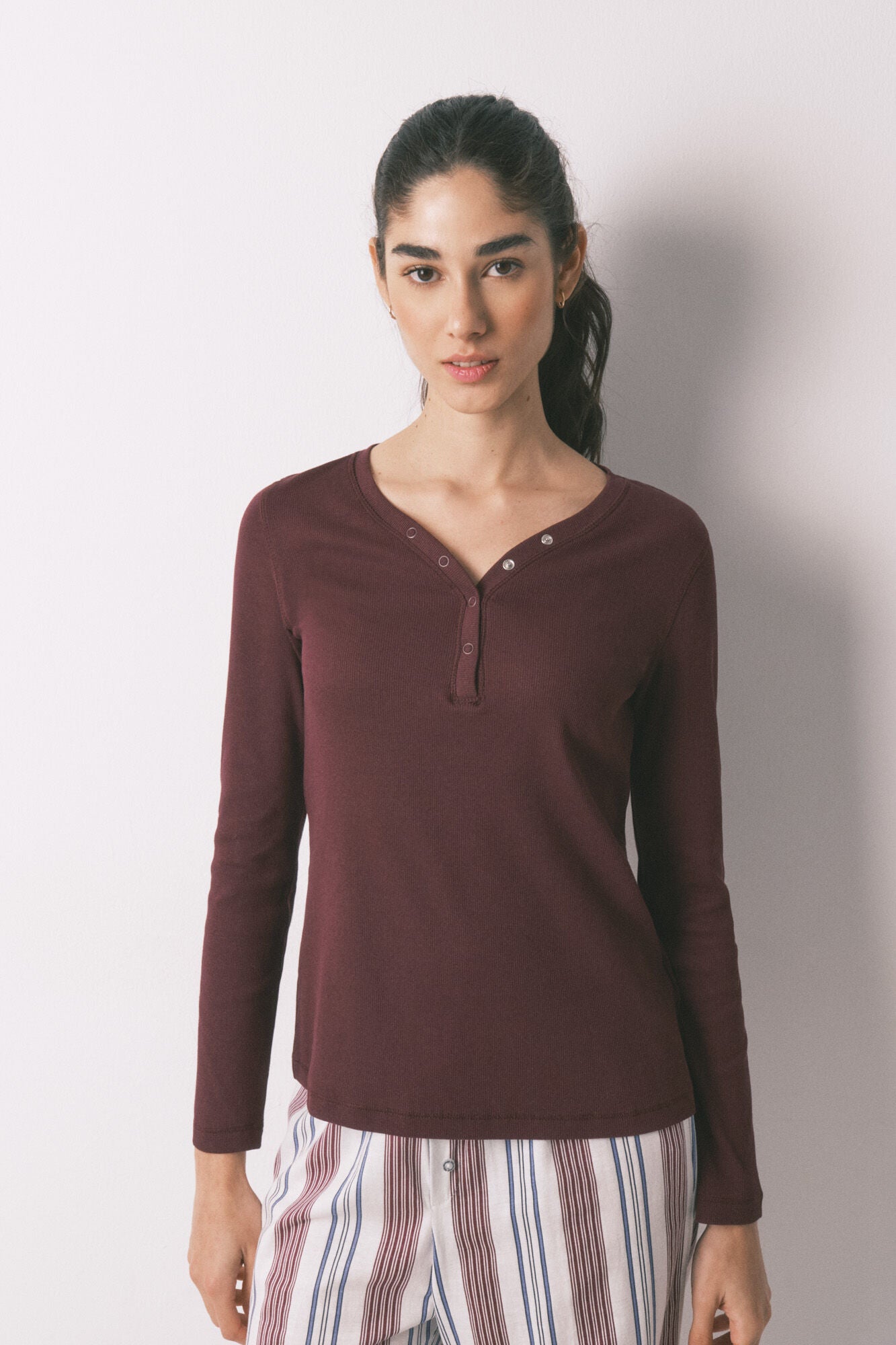 Burgundy ribbed cotton long sleeve T-shirt