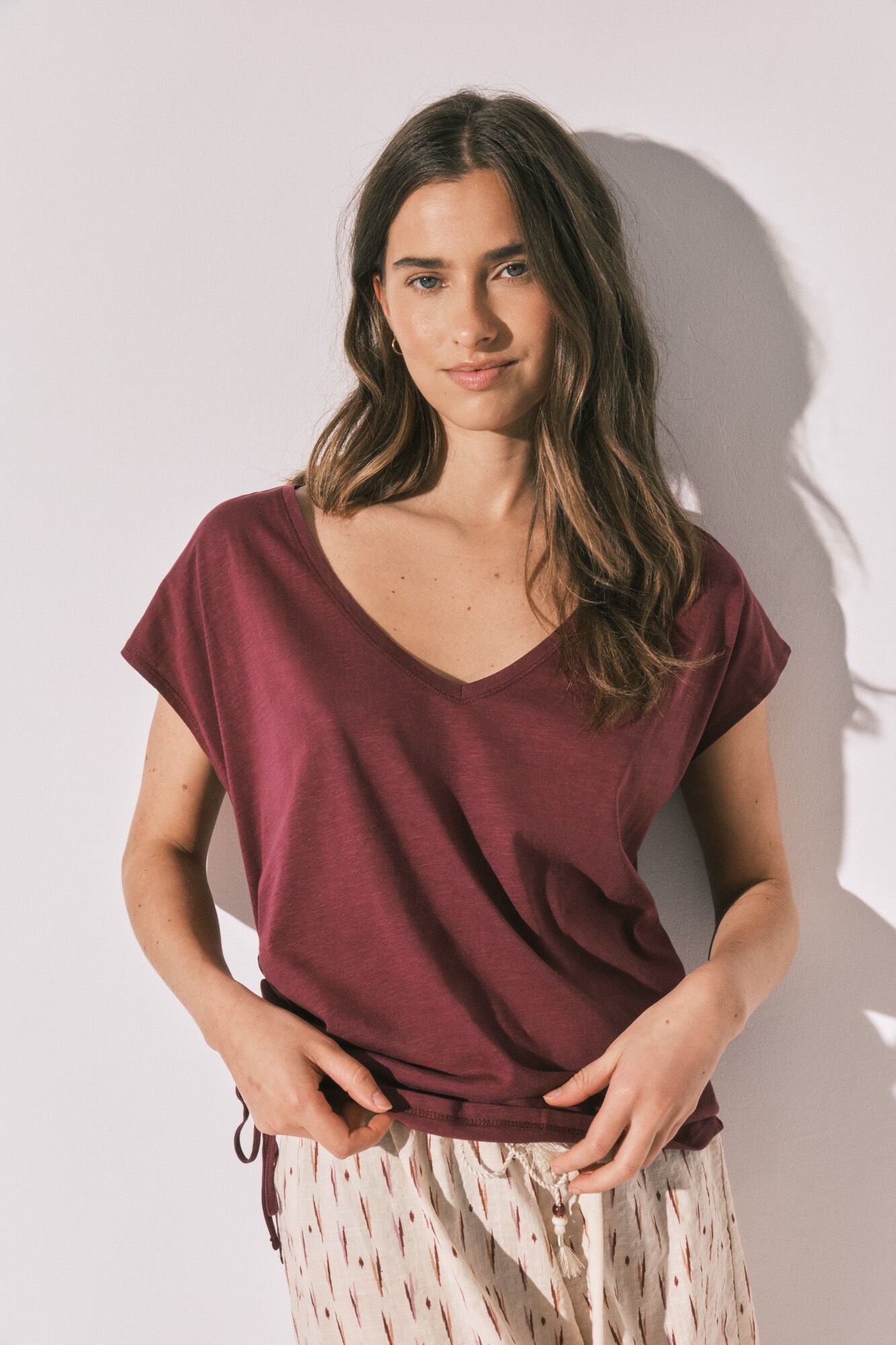 Burgundy cotton ruched T-shirt