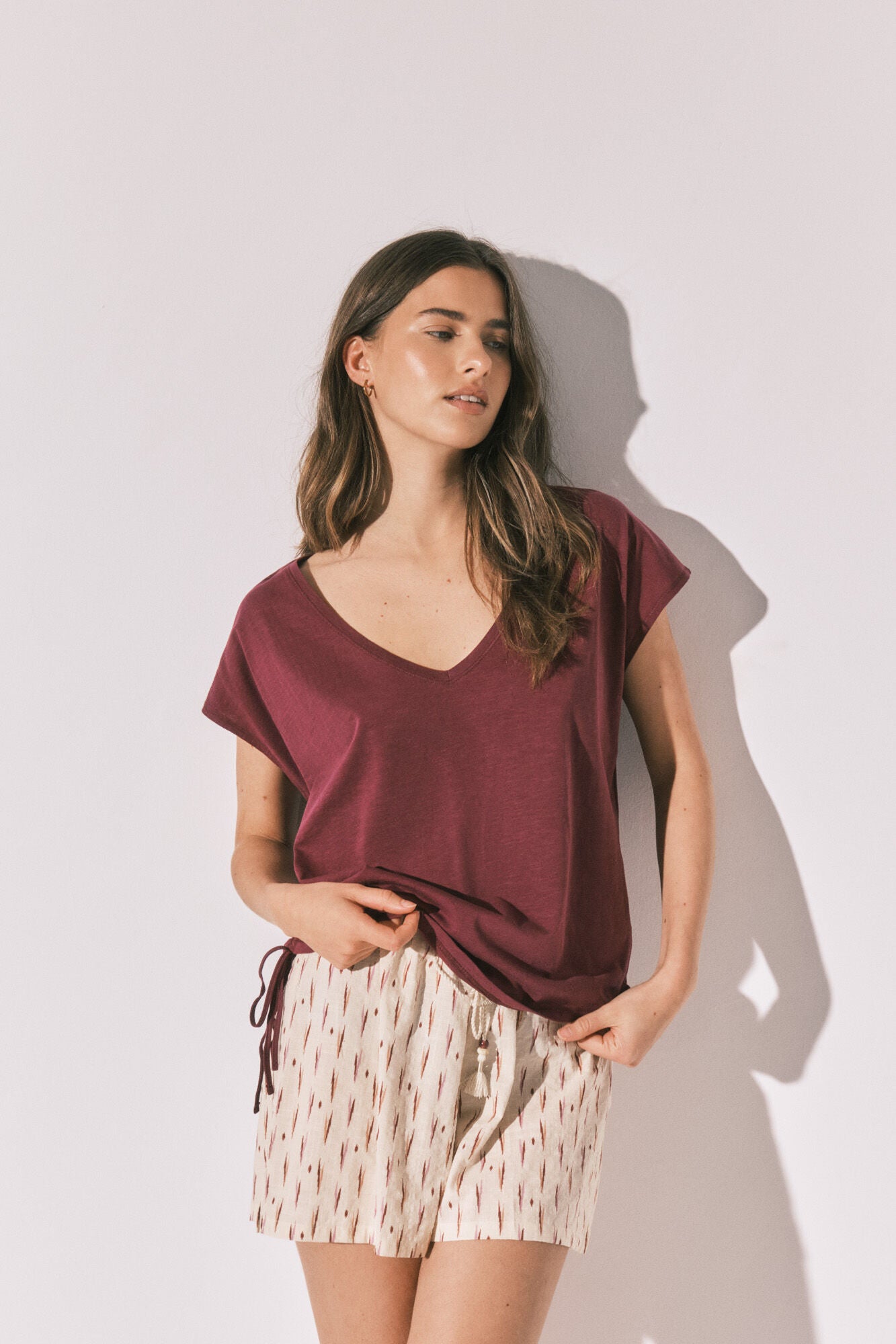 Burgundy cotton ruched T-shirt