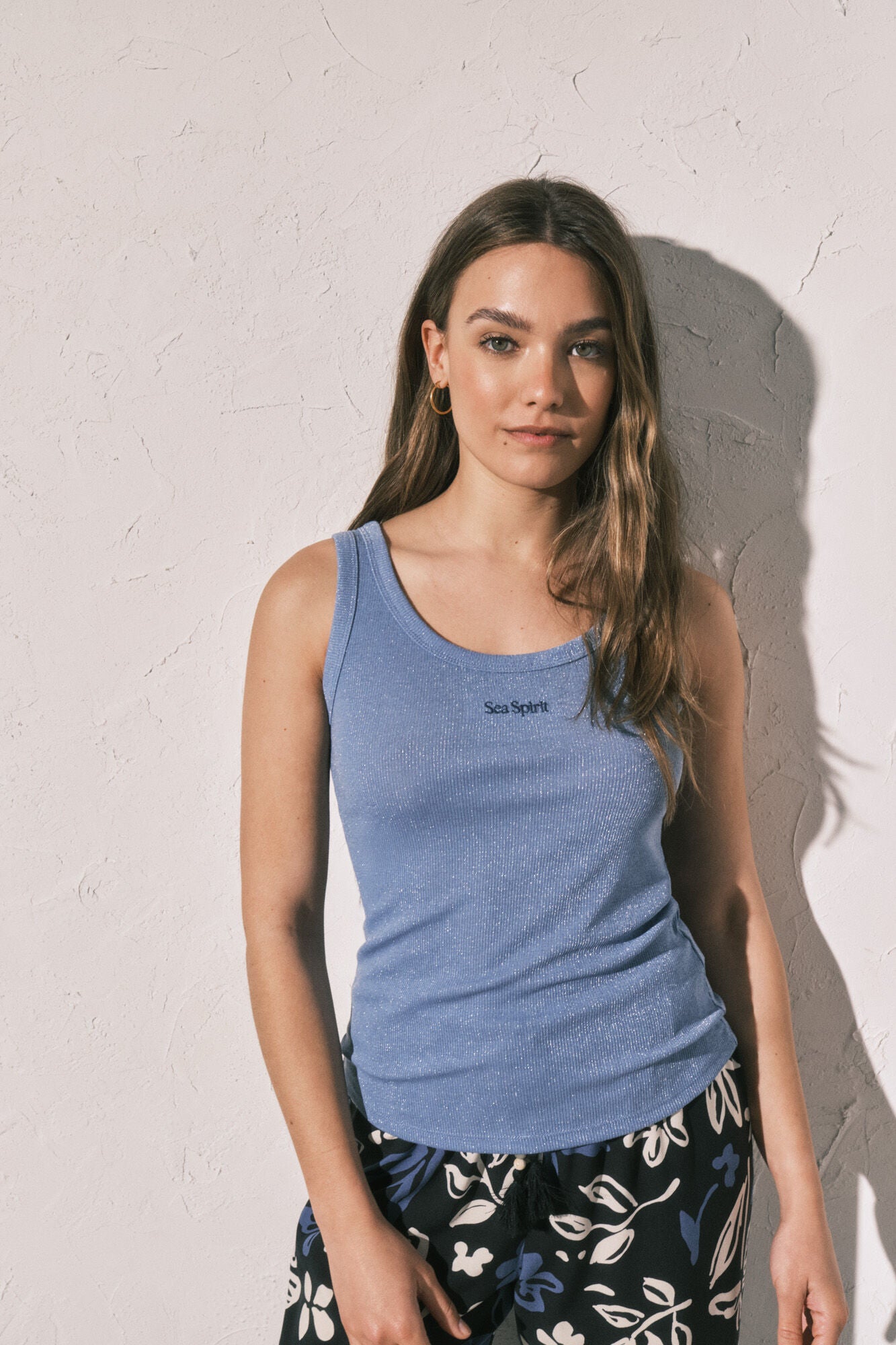 Blue lurex ribbed vest top