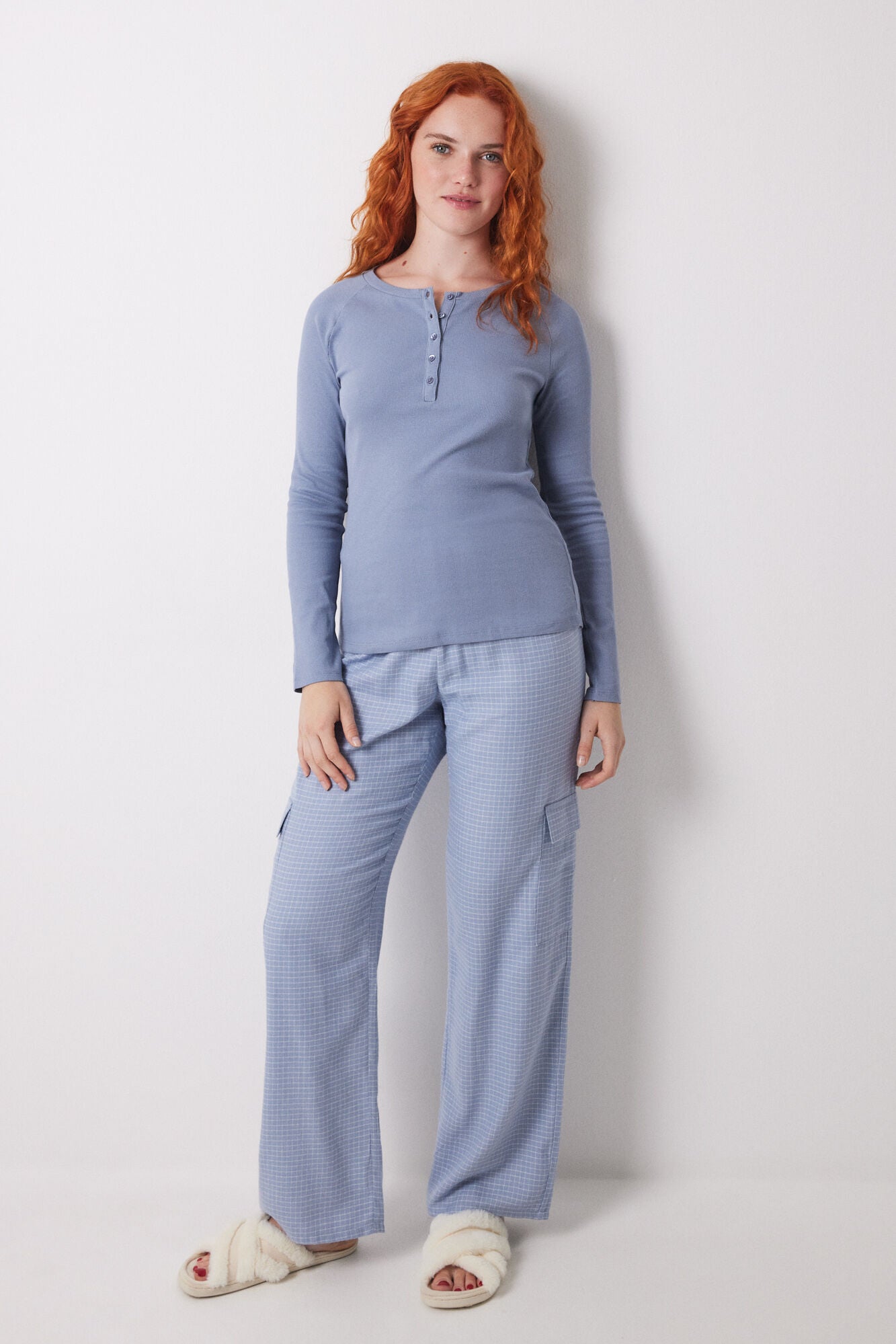 Blue ribbed long sleeve T-shirt