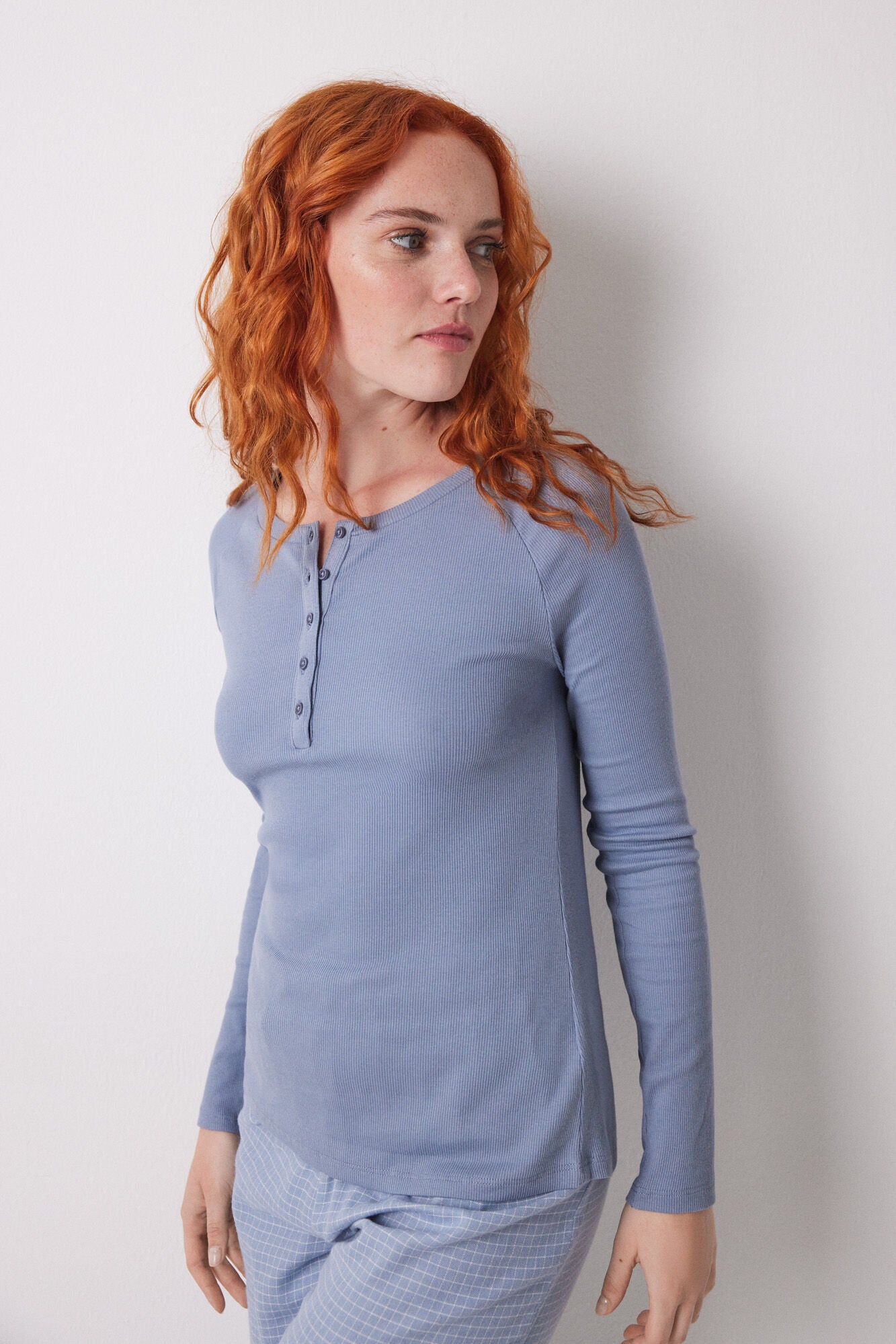 Blue ribbed long sleeve T-shirt