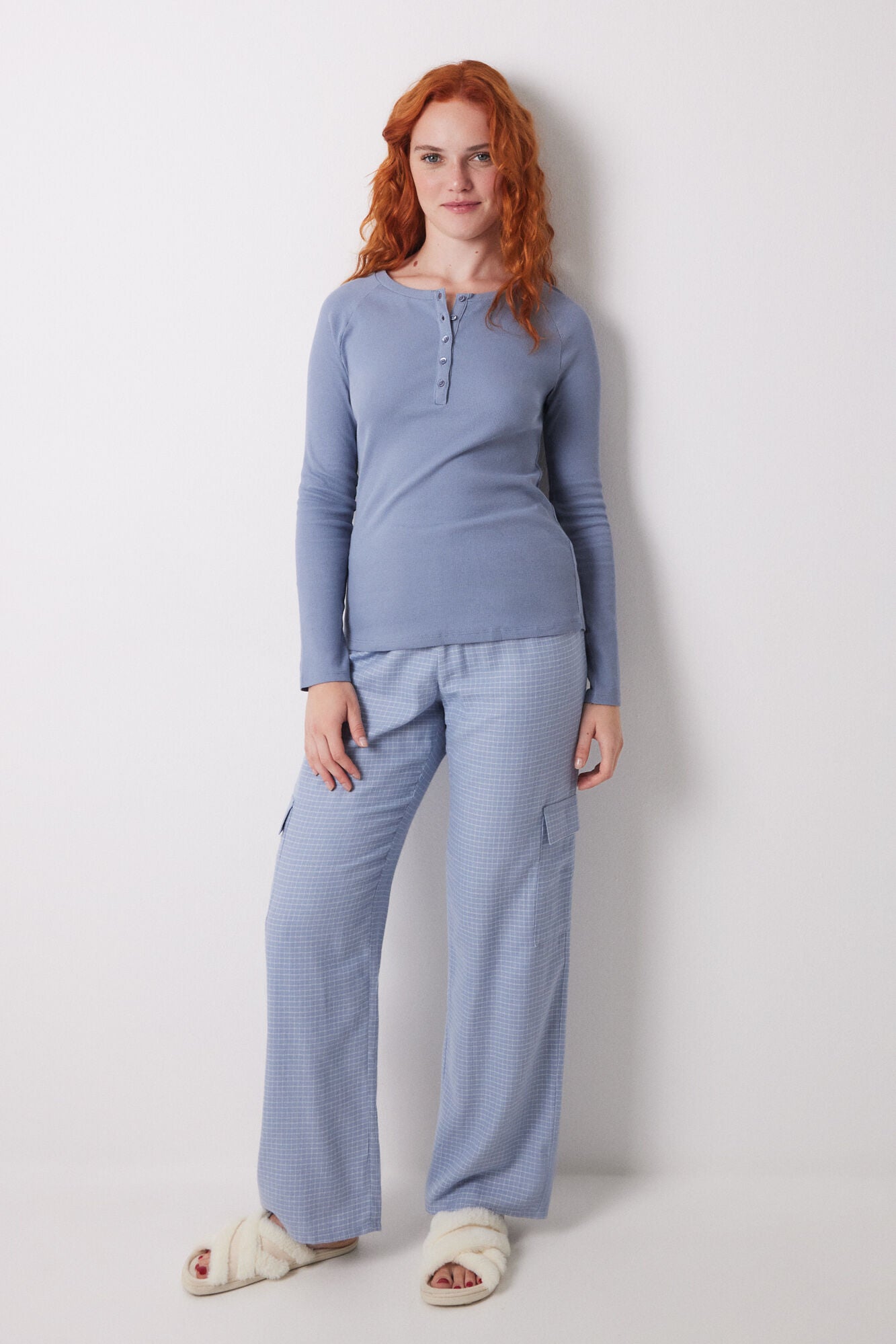 Blue ribbed long sleeve T-shirt