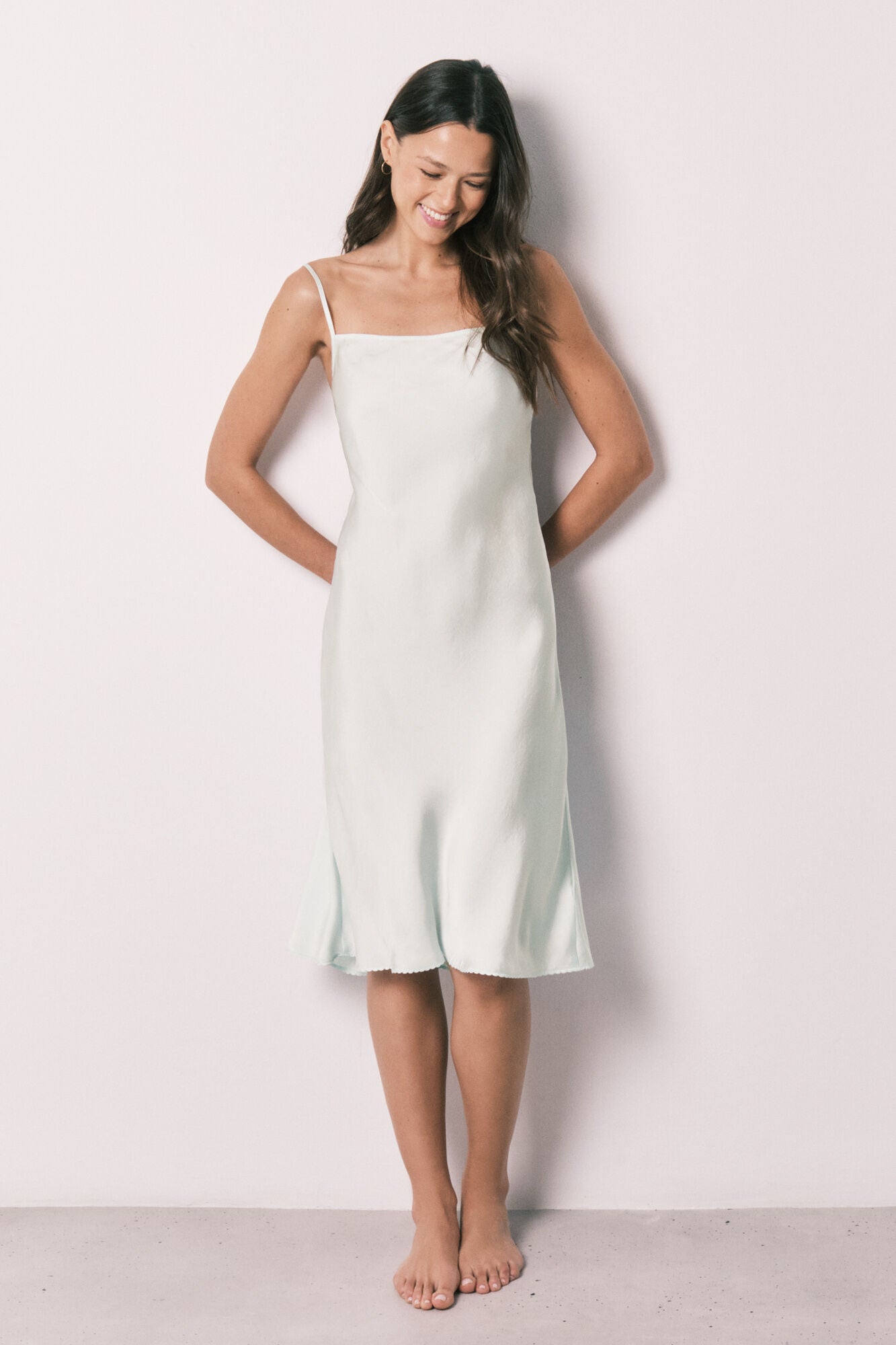 Green satin midi nightgown with straps
