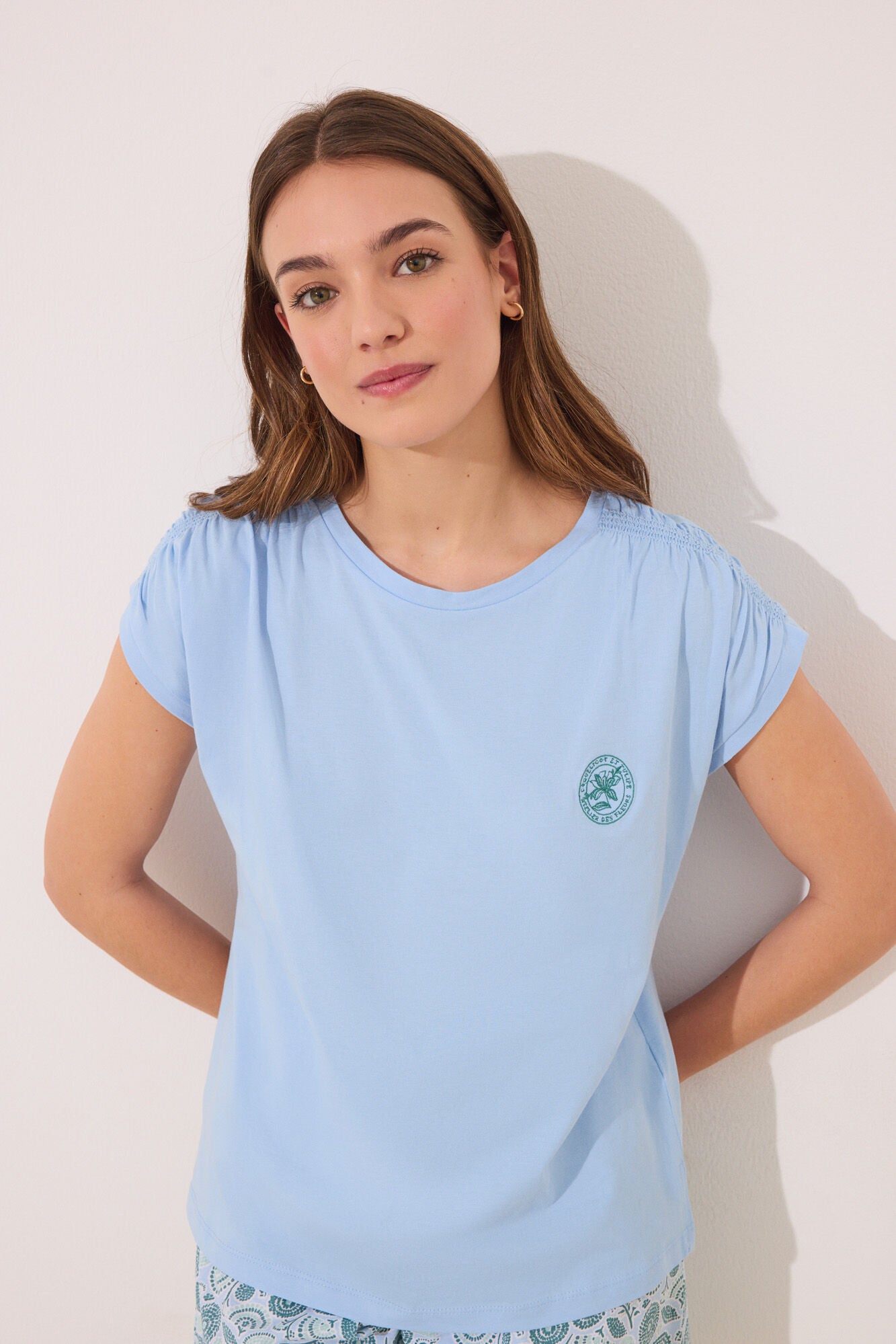 Short pyjamas 100% cotton blue flowers