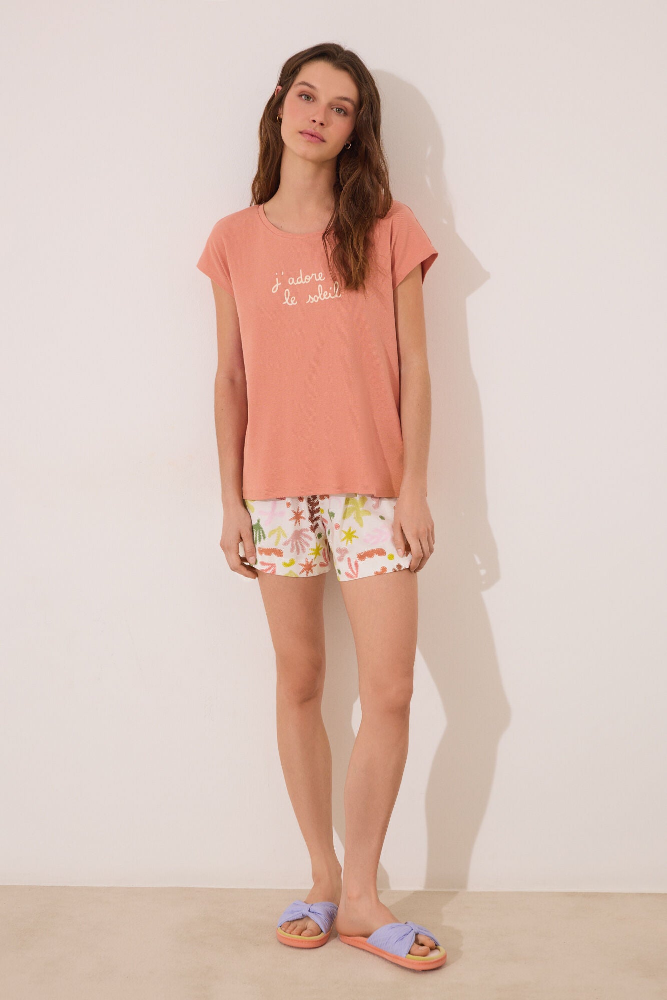 Orange cotton short pyjamas with leaves