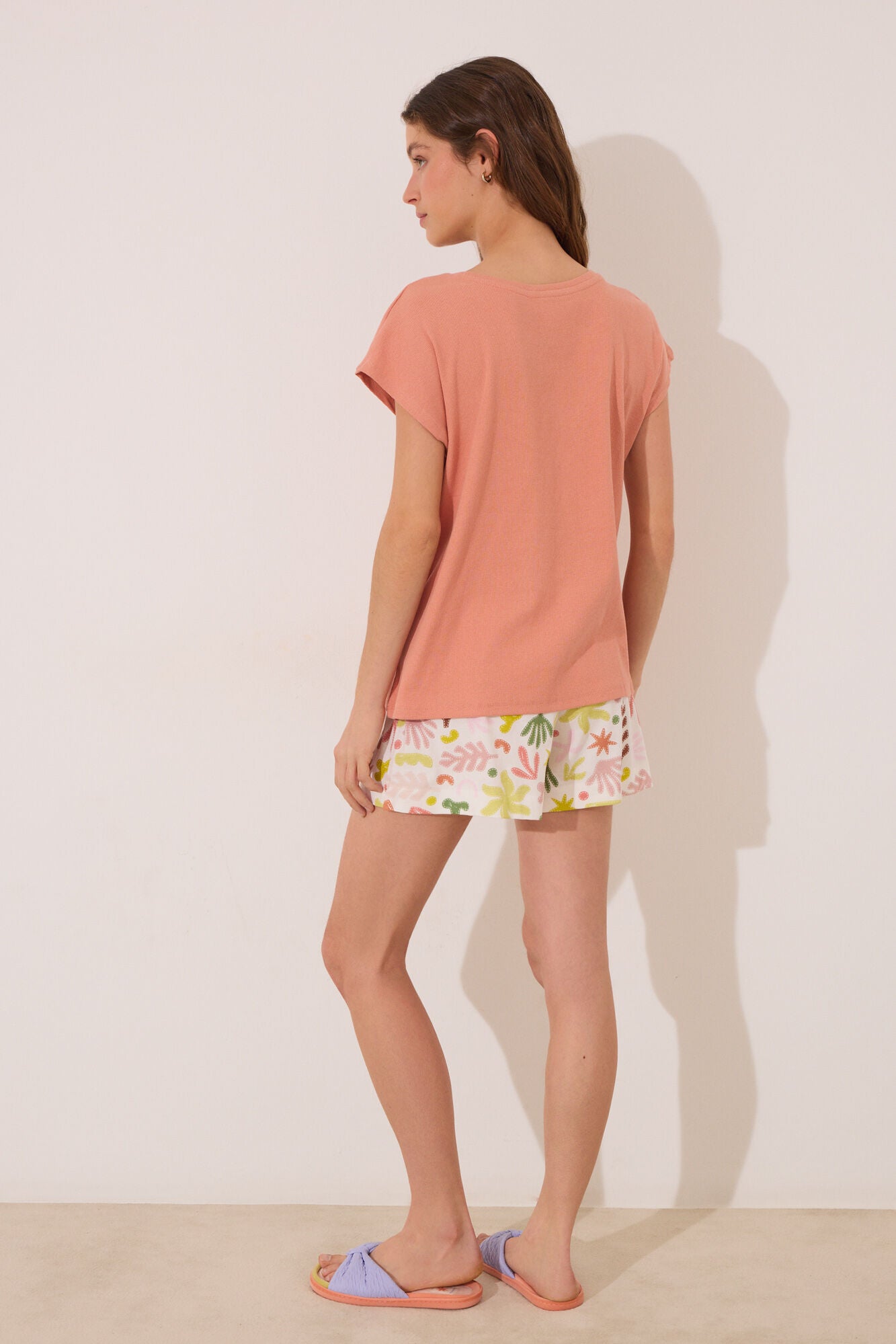 Orange cotton short pyjamas with leaves