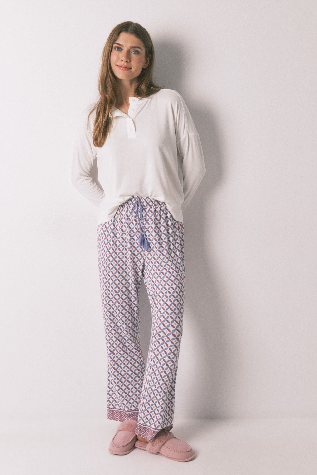 Long, wide-legged soft-knit blue trousers