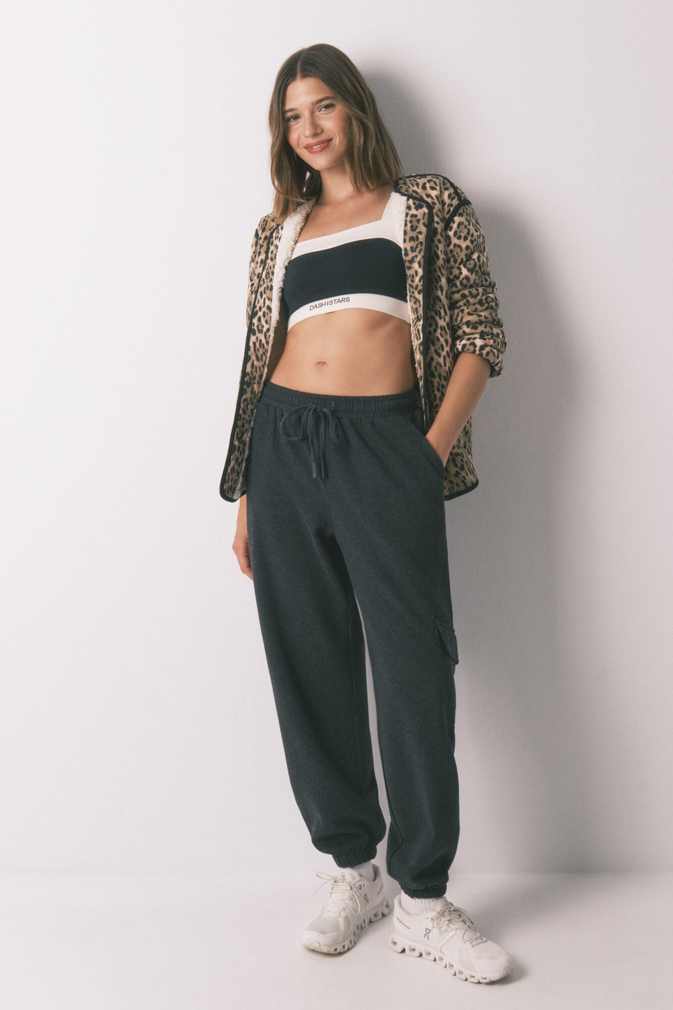 Long trousers in fine gray terrycloth carrot print