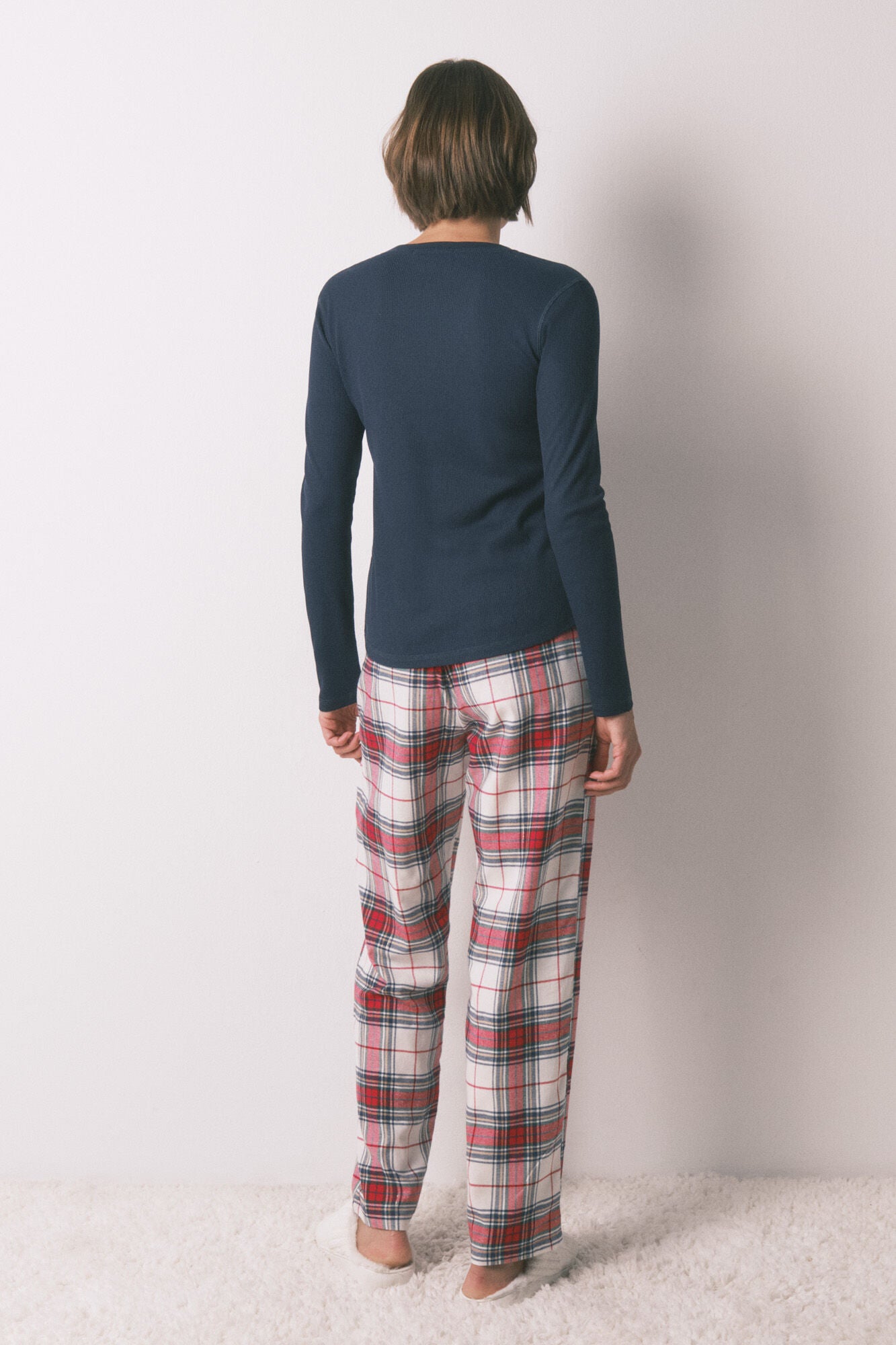 Long 100% cotton red plaid flannel trousers