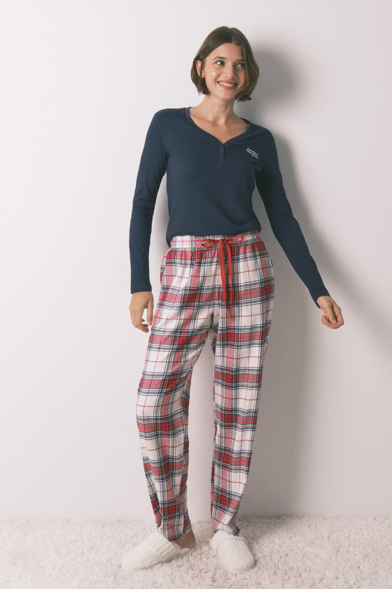 Long 100% cotton red plaid flannel trousers