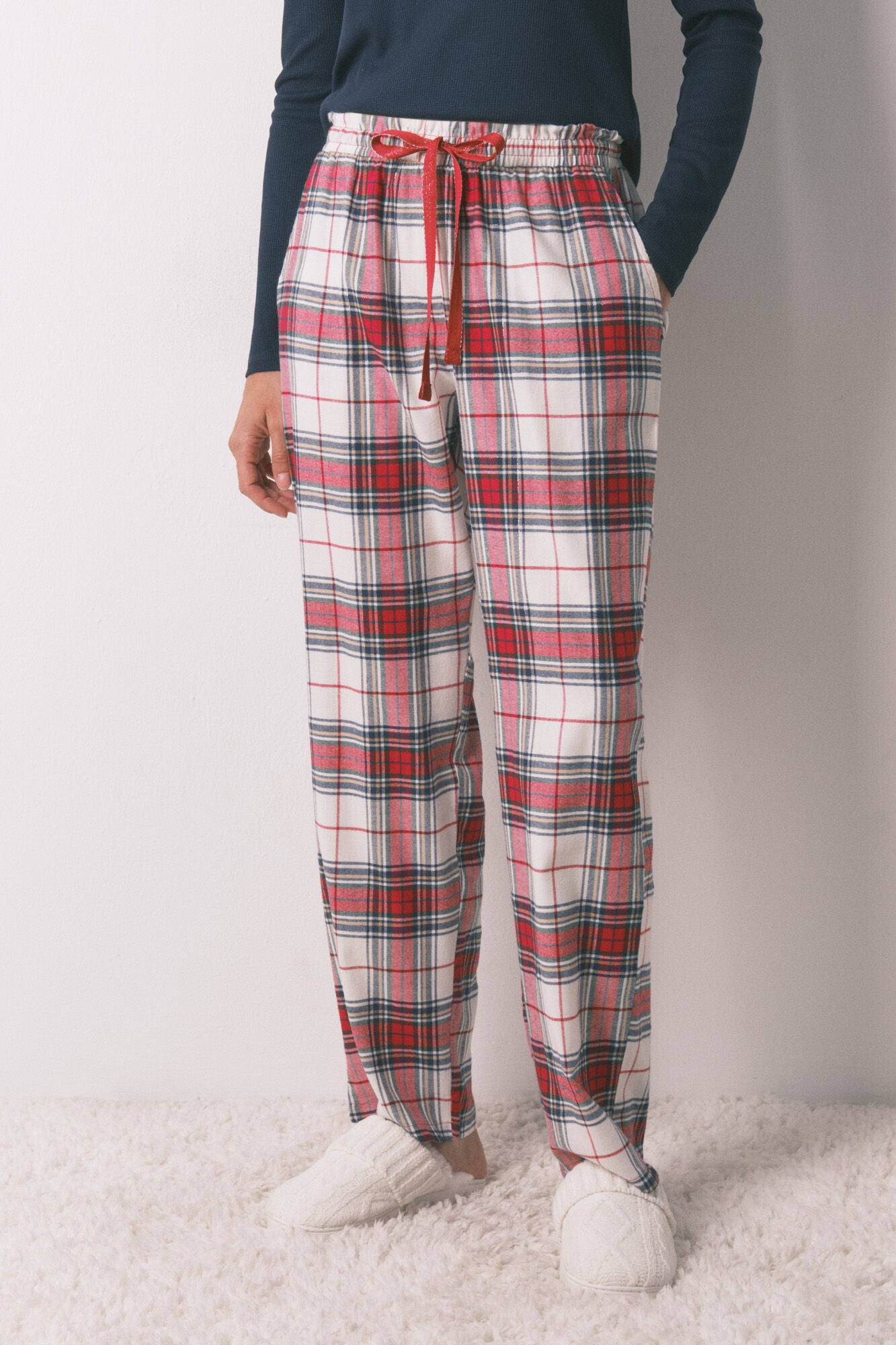 Long 100% cotton red plaid flannel trousers