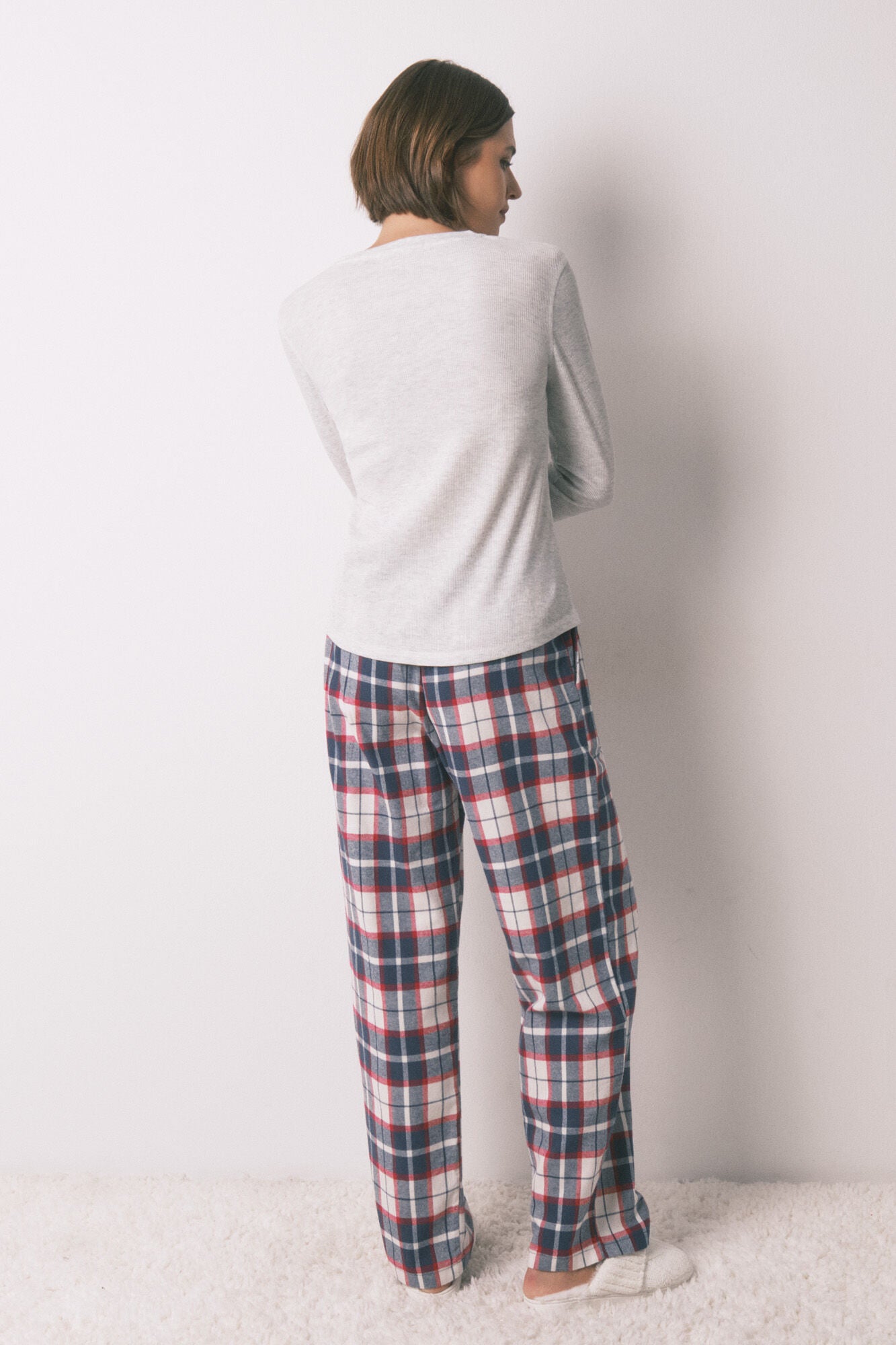 Long 100% cotton blue plaid flannel trousers