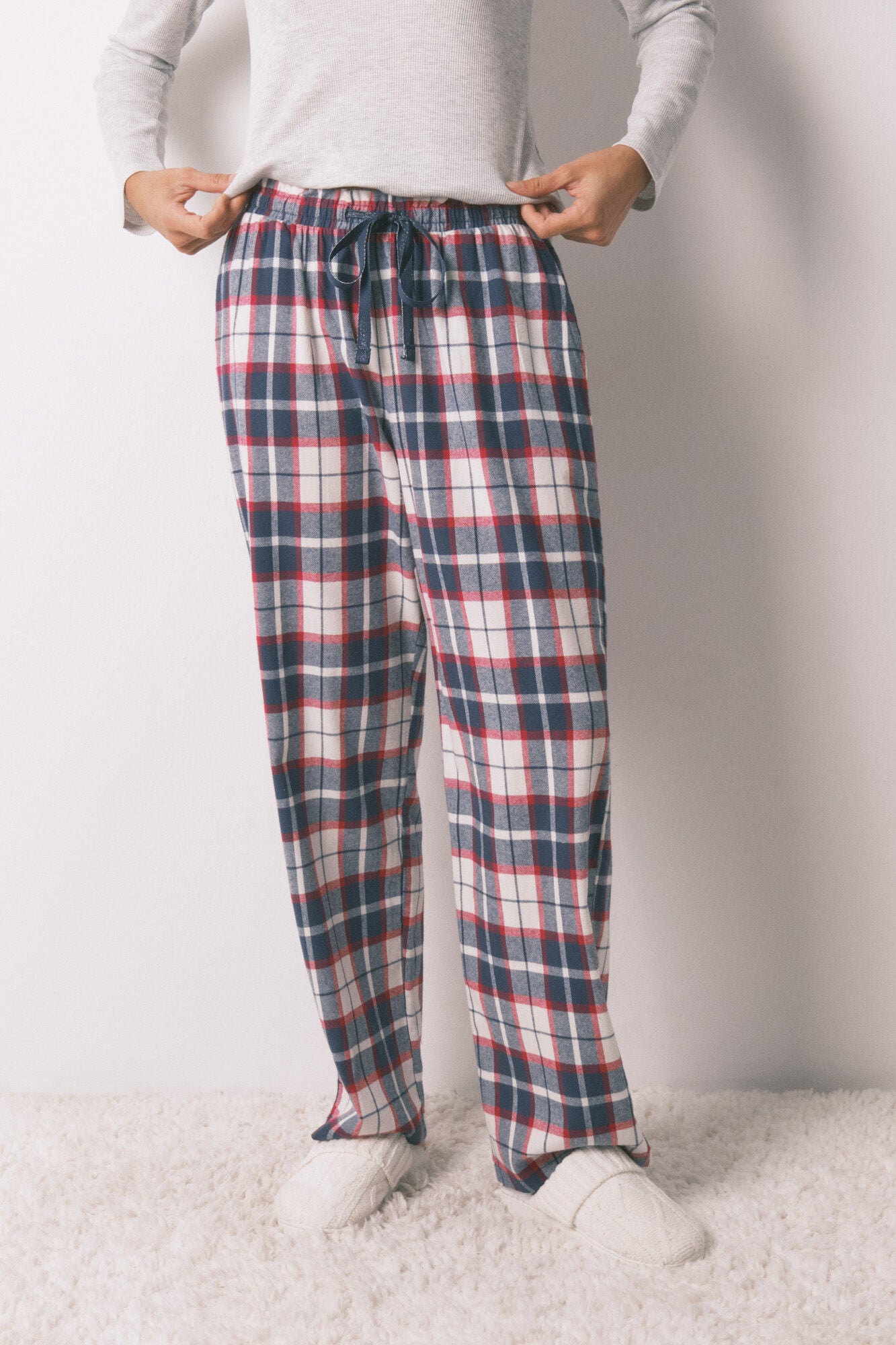 Long 100% cotton blue plaid flannel trousers