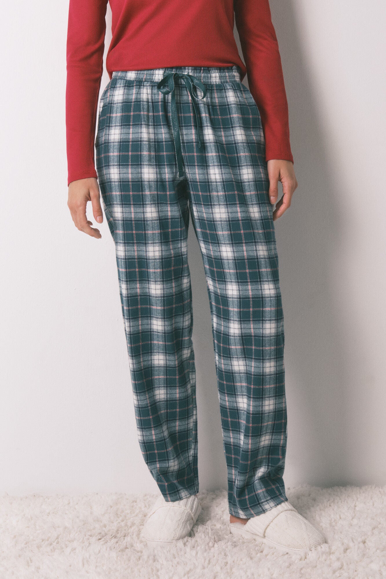 Green plaid 100% cotton flannel long trousers
