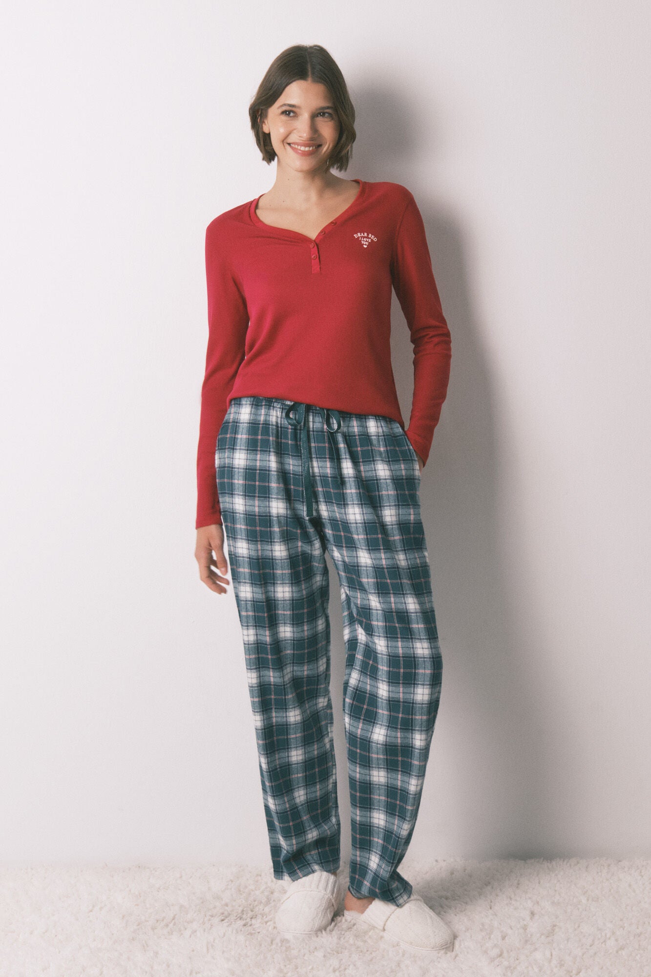 Green plaid 100% cotton flannel long trousers