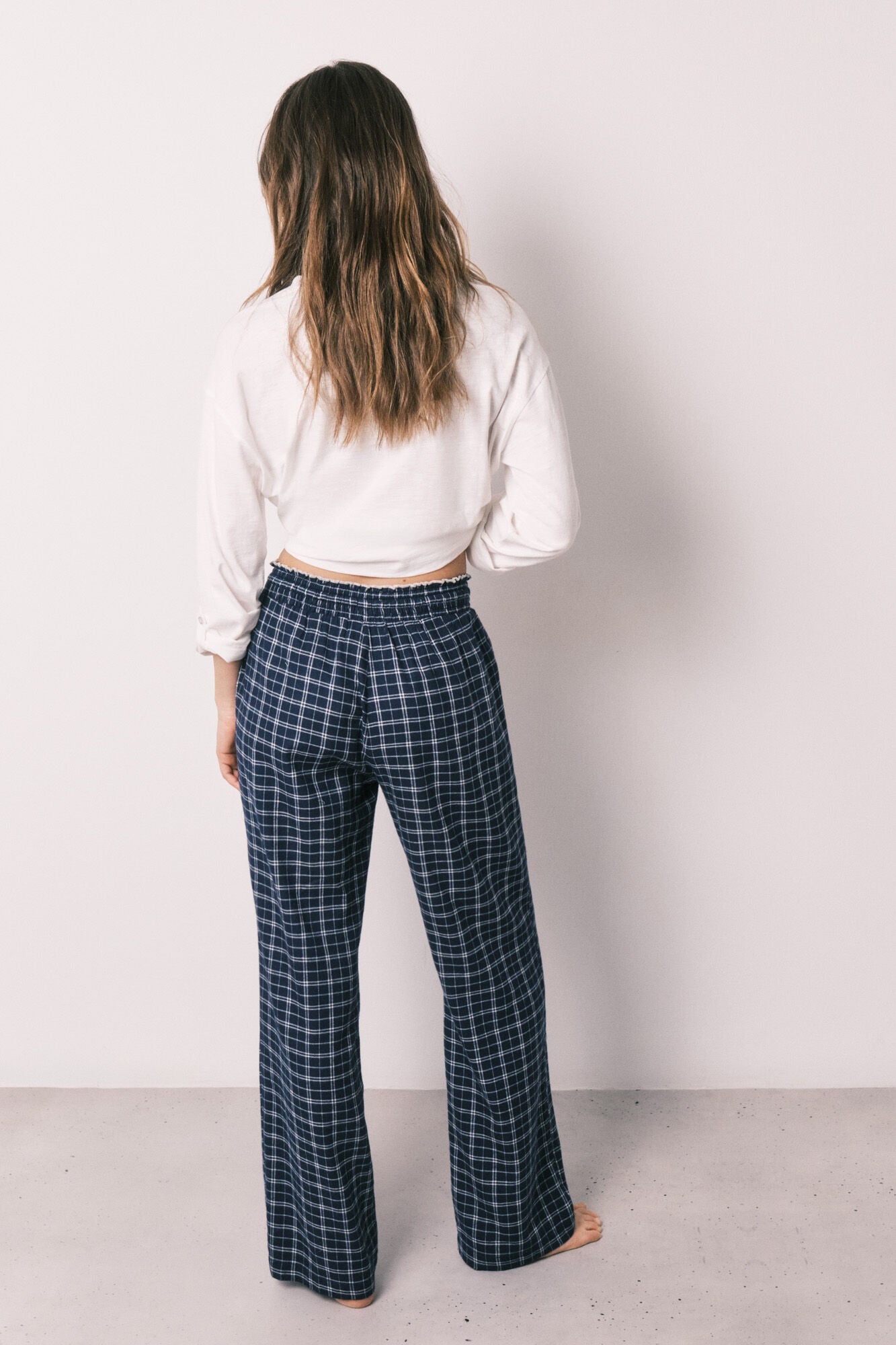 Blue plaid long trousers