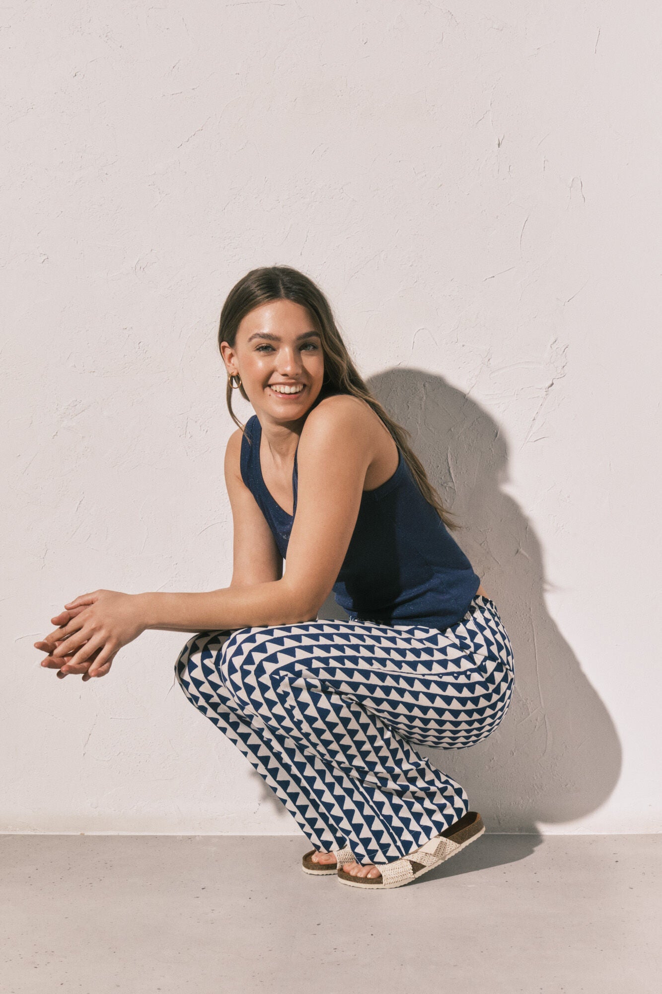 Blue geometric print long trousers