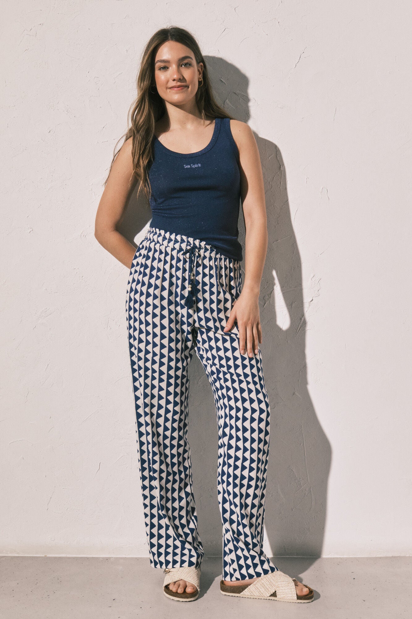 Blue geometric print long trousers