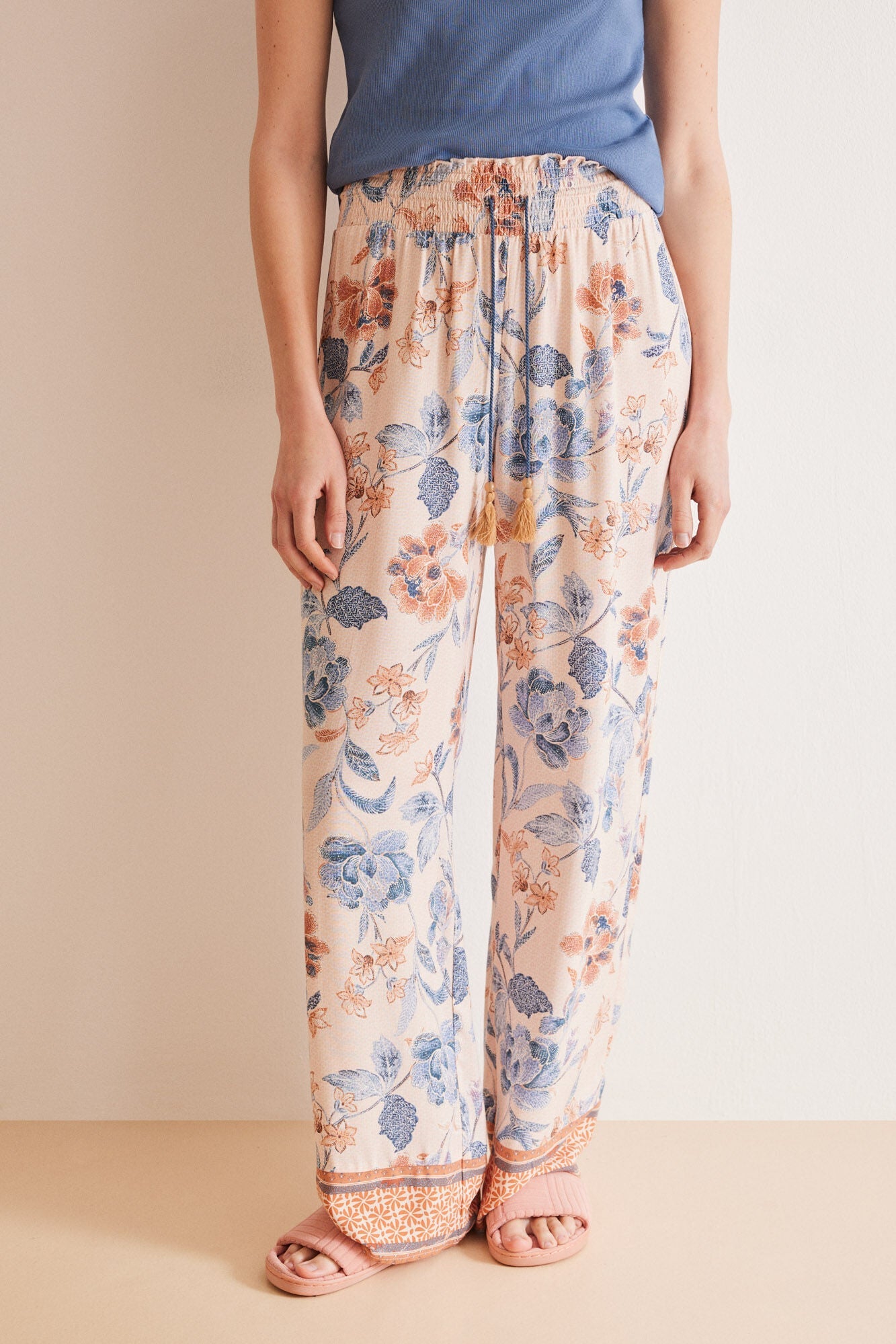Pink floral long trousers