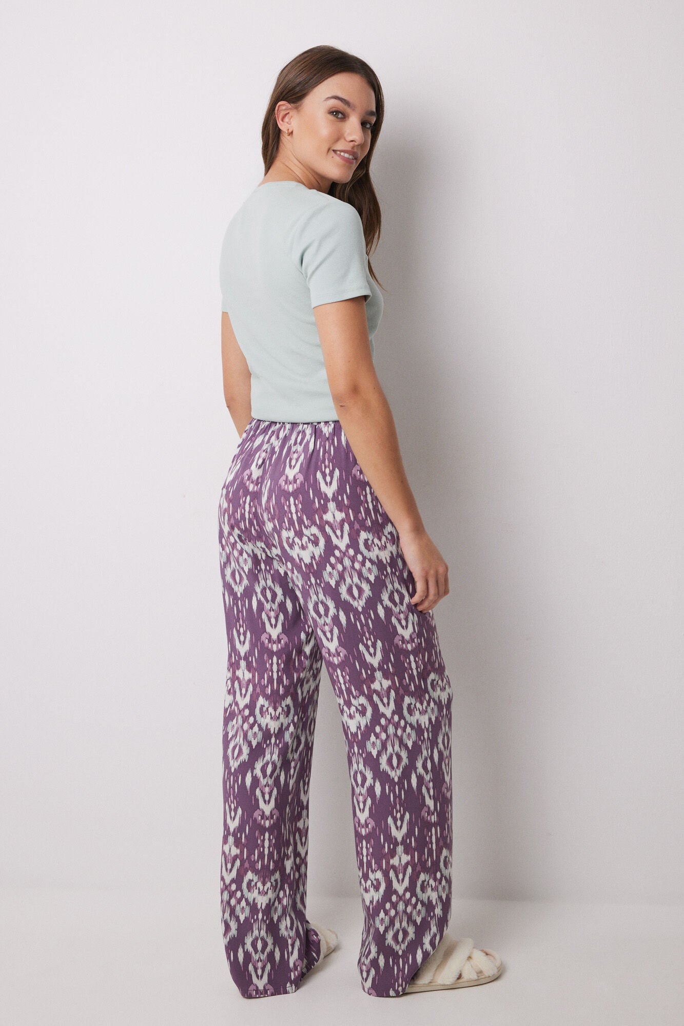Long viscose trousers with ikat print