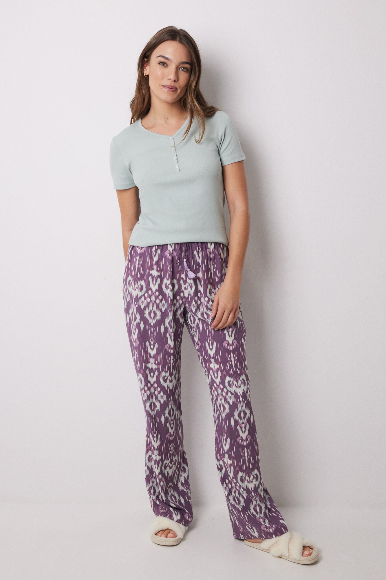 Long viscose trousers with ikat print