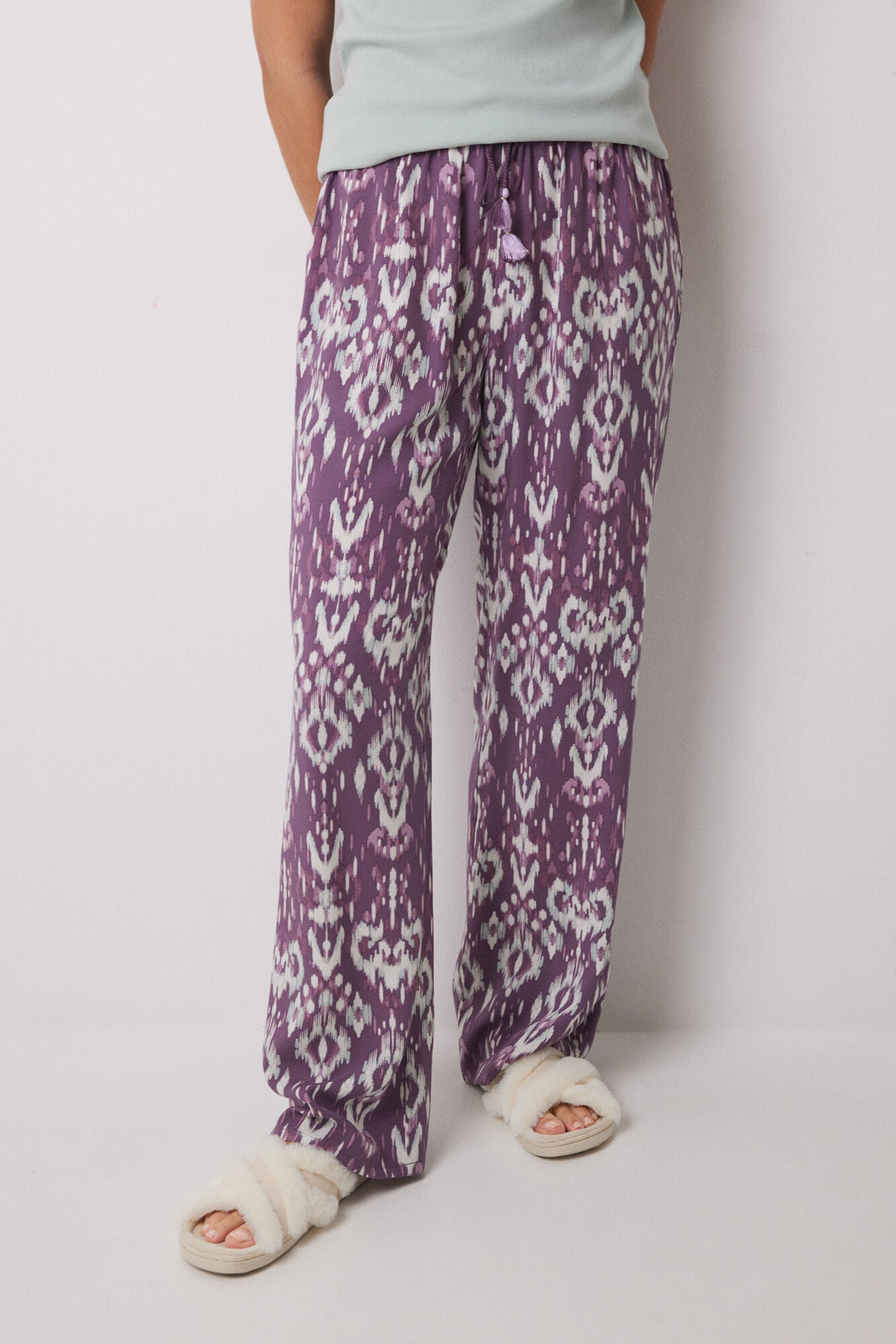 Long viscose trousers with ikat print