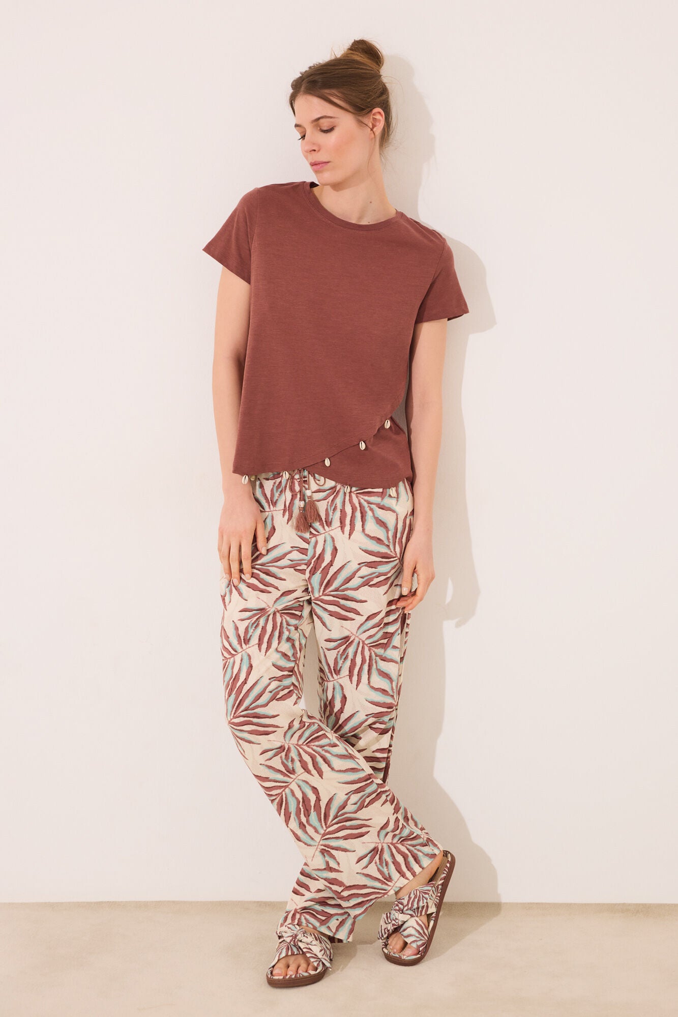 Brown leaf print viscose trouser
