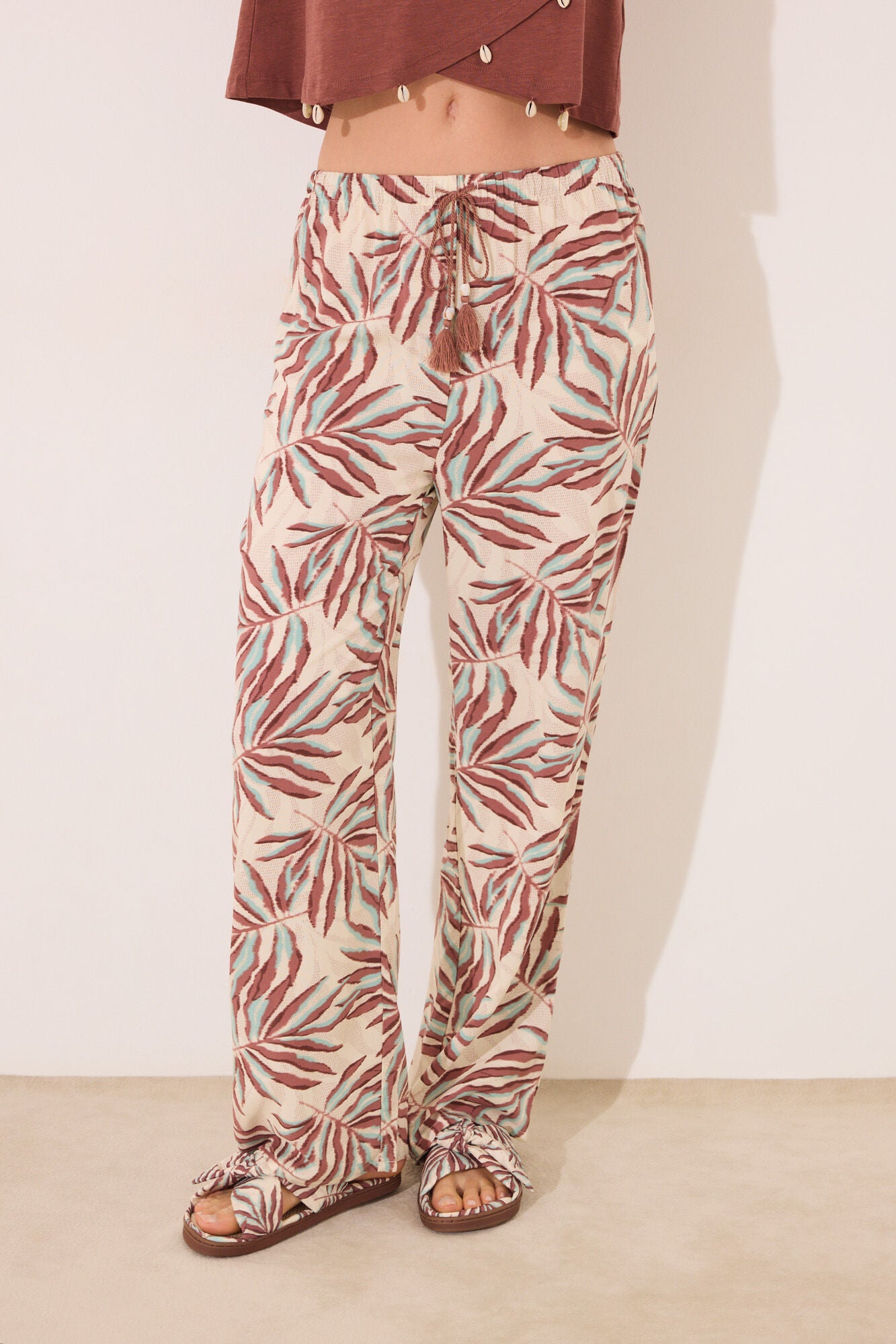 Brown leaf print viscose trouser