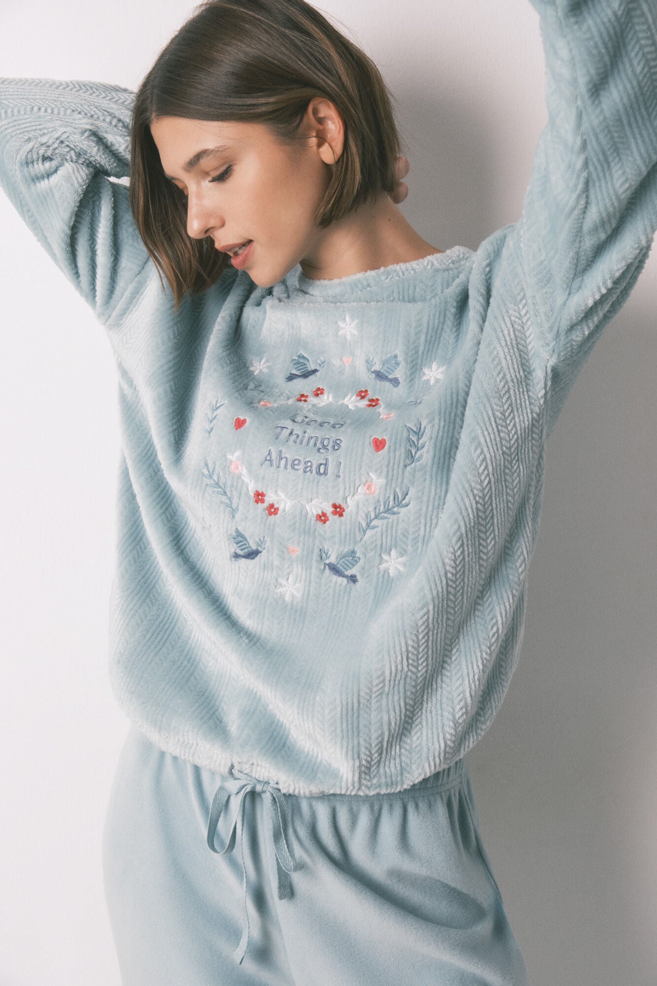 Long pyjamas blue textured velvet pajamas