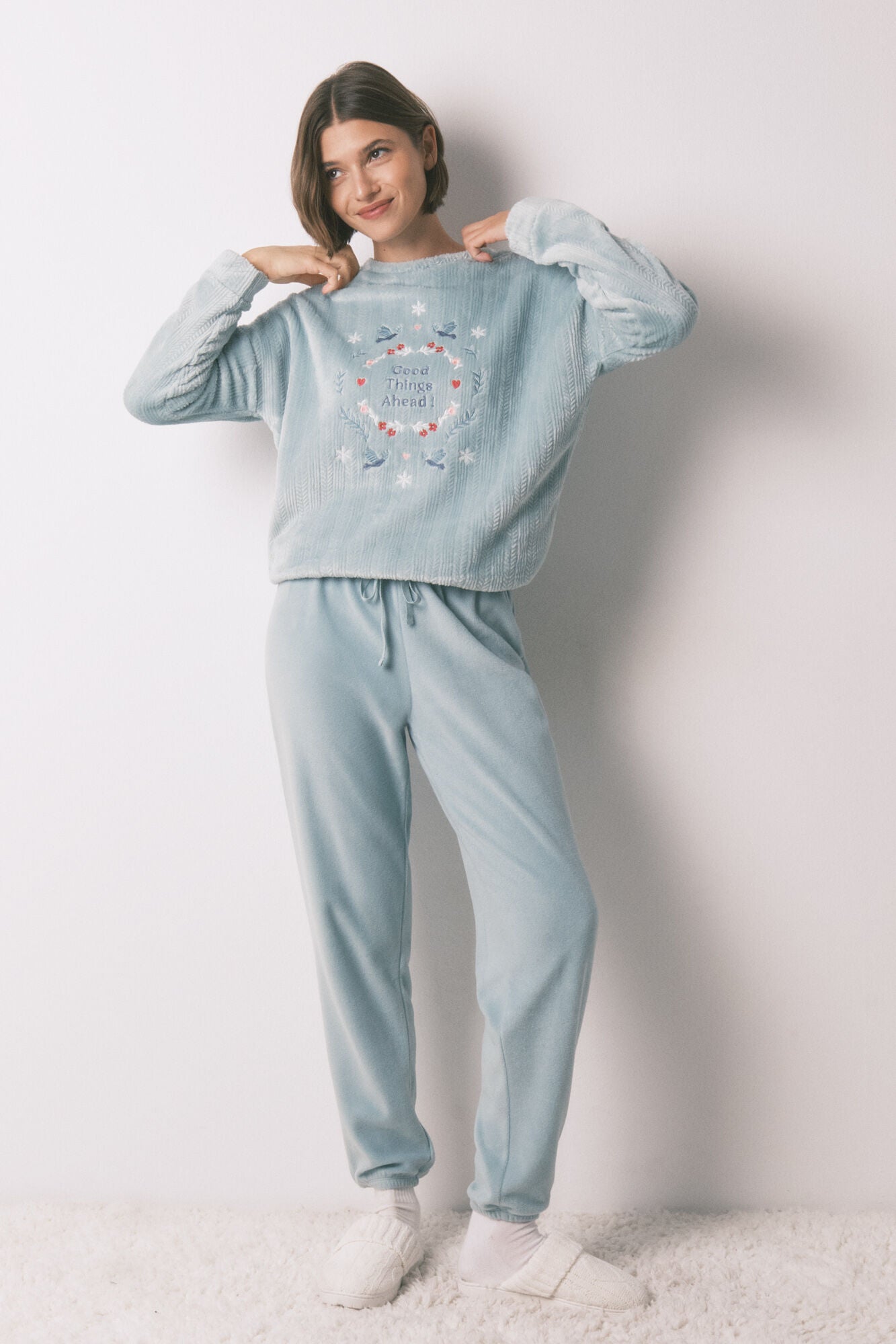 Long pyjamas blue textured velvet pajamas