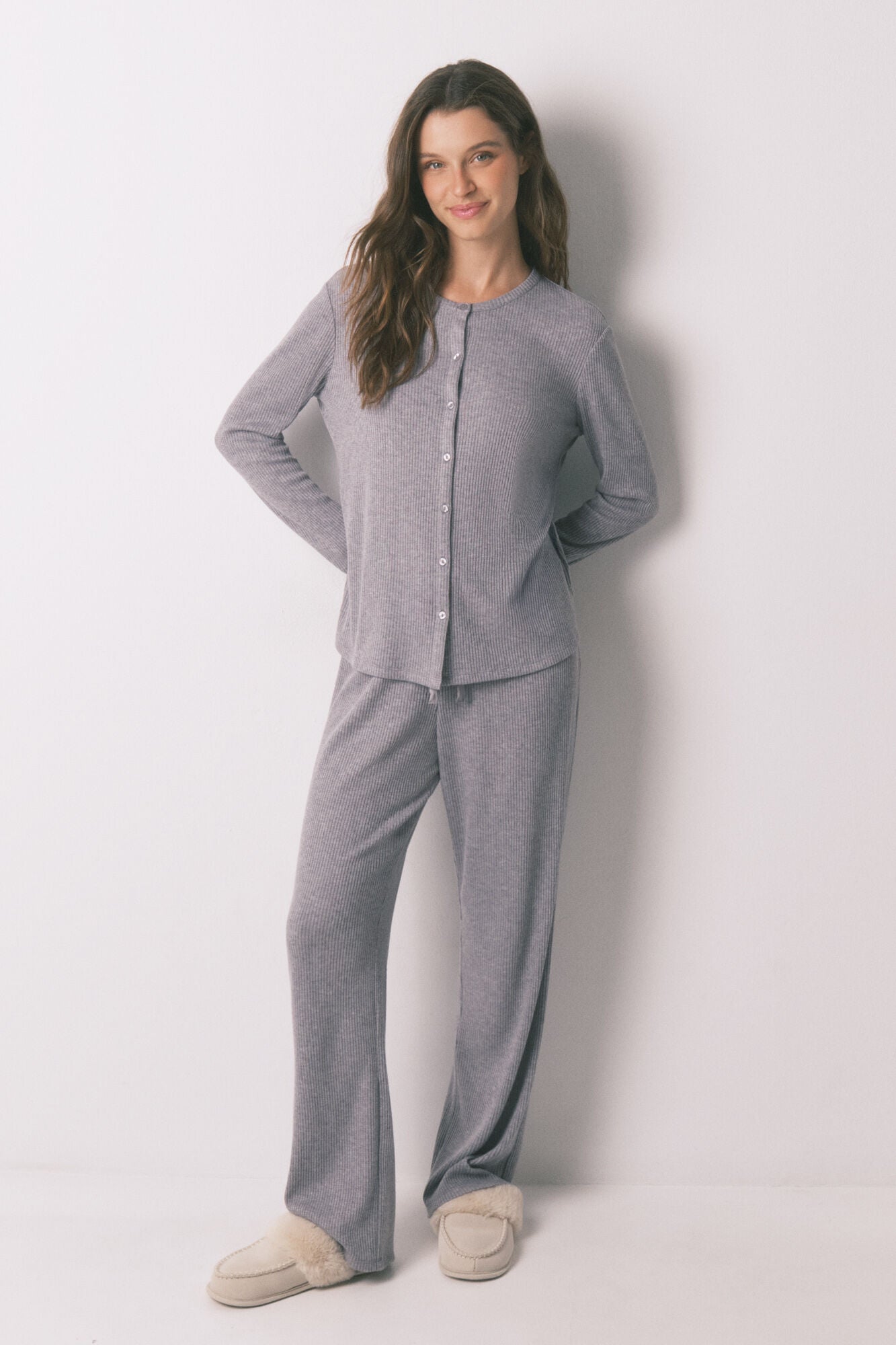 Long pyjamas rib in shiny grey