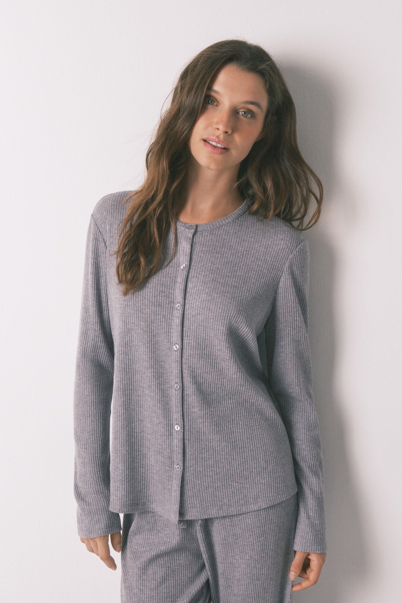 Long pyjamas rib in shiny grey