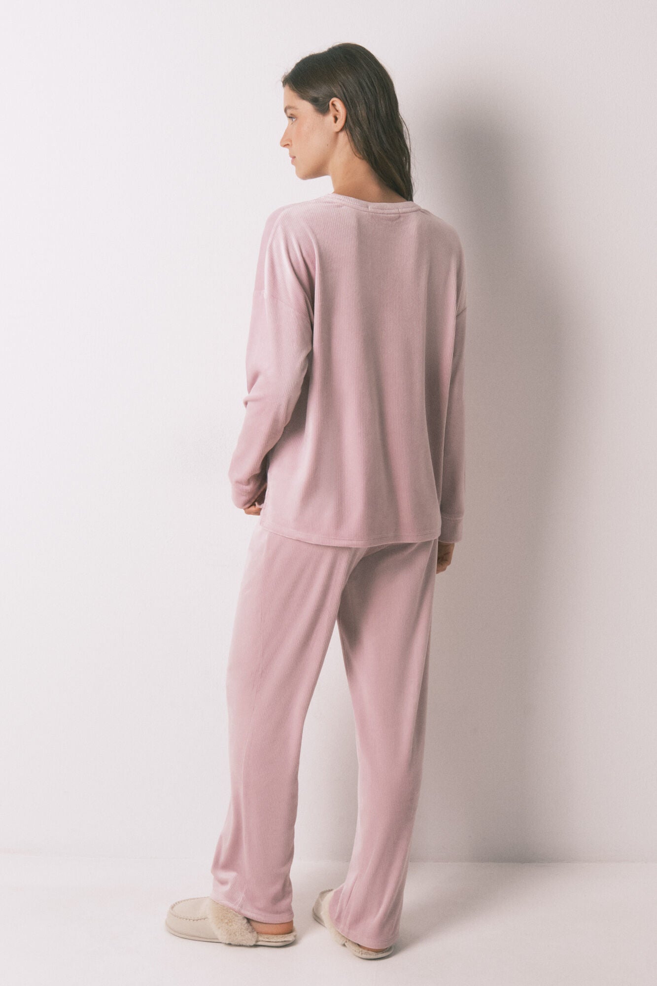 Pink velvet ribbed long pajamas