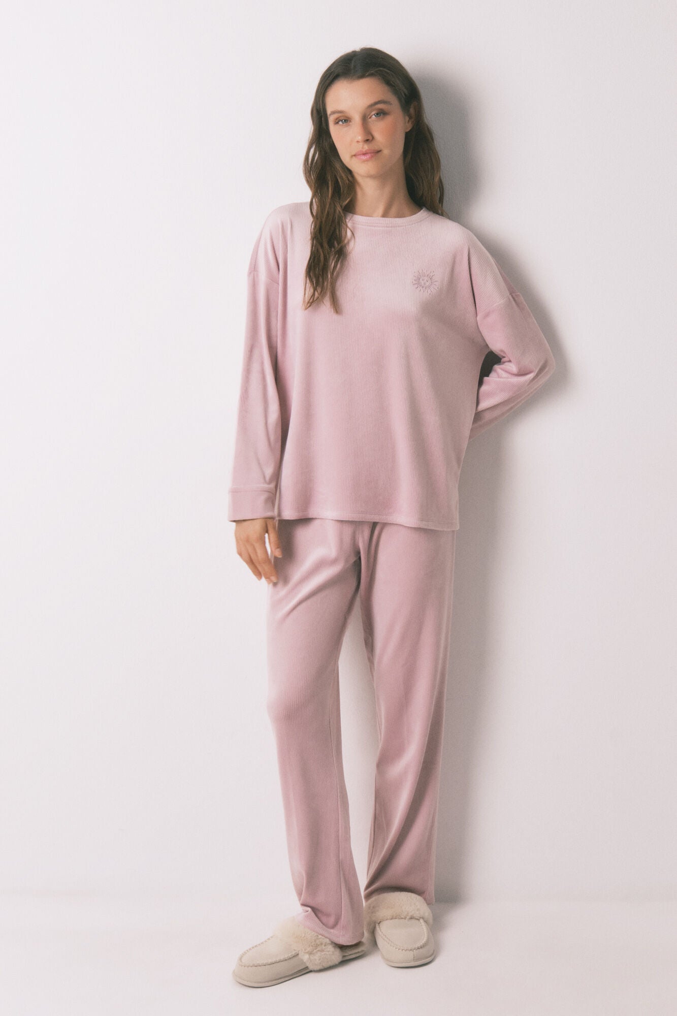 Pink velvet ribbed long pajamas