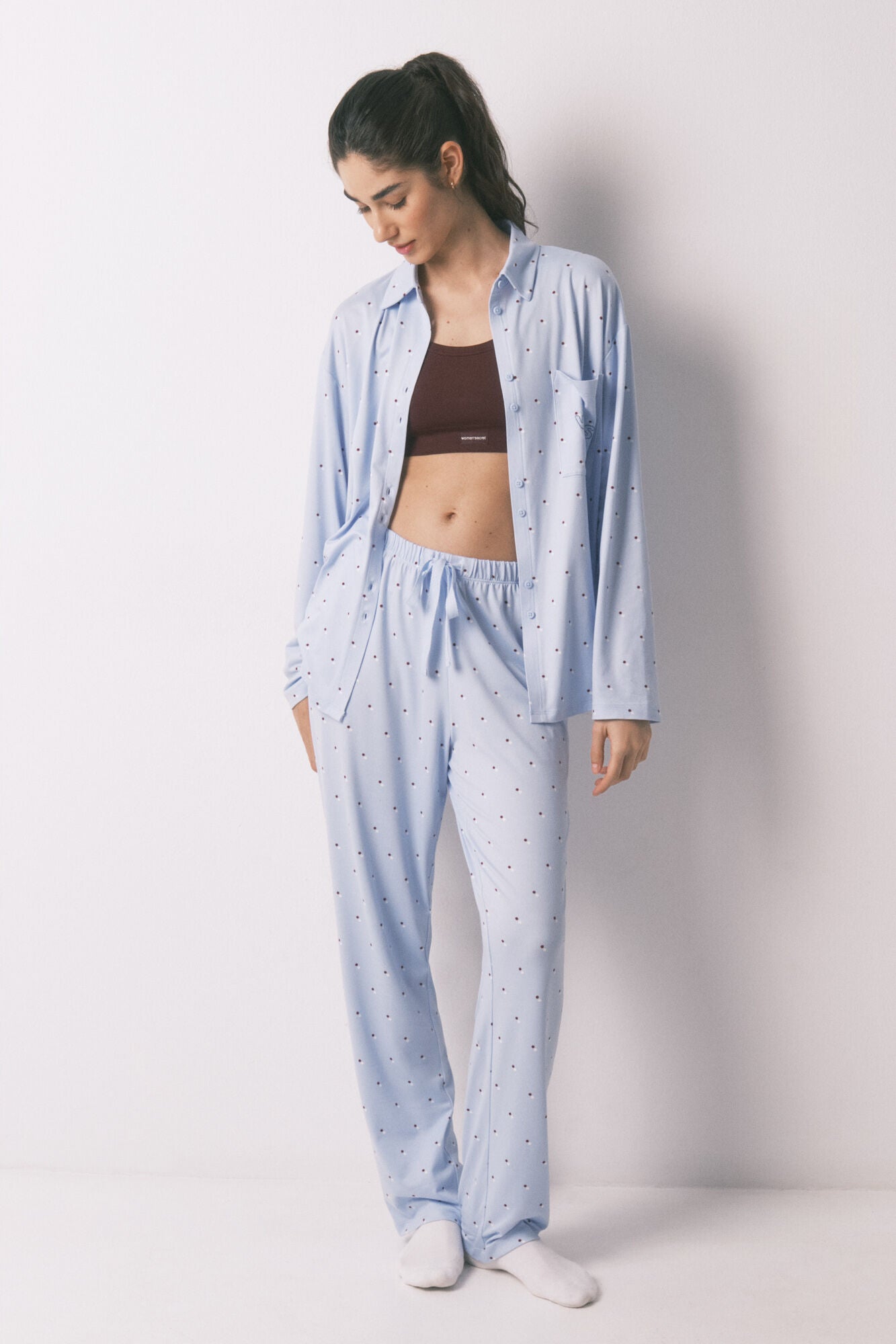 Blue long polka-dot print classic pyjamas