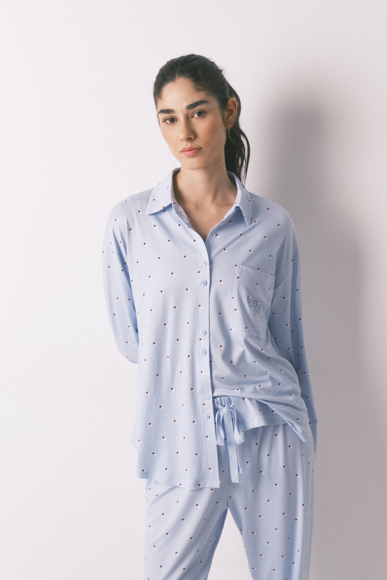 Blue long polka-dot print classic pyjamas