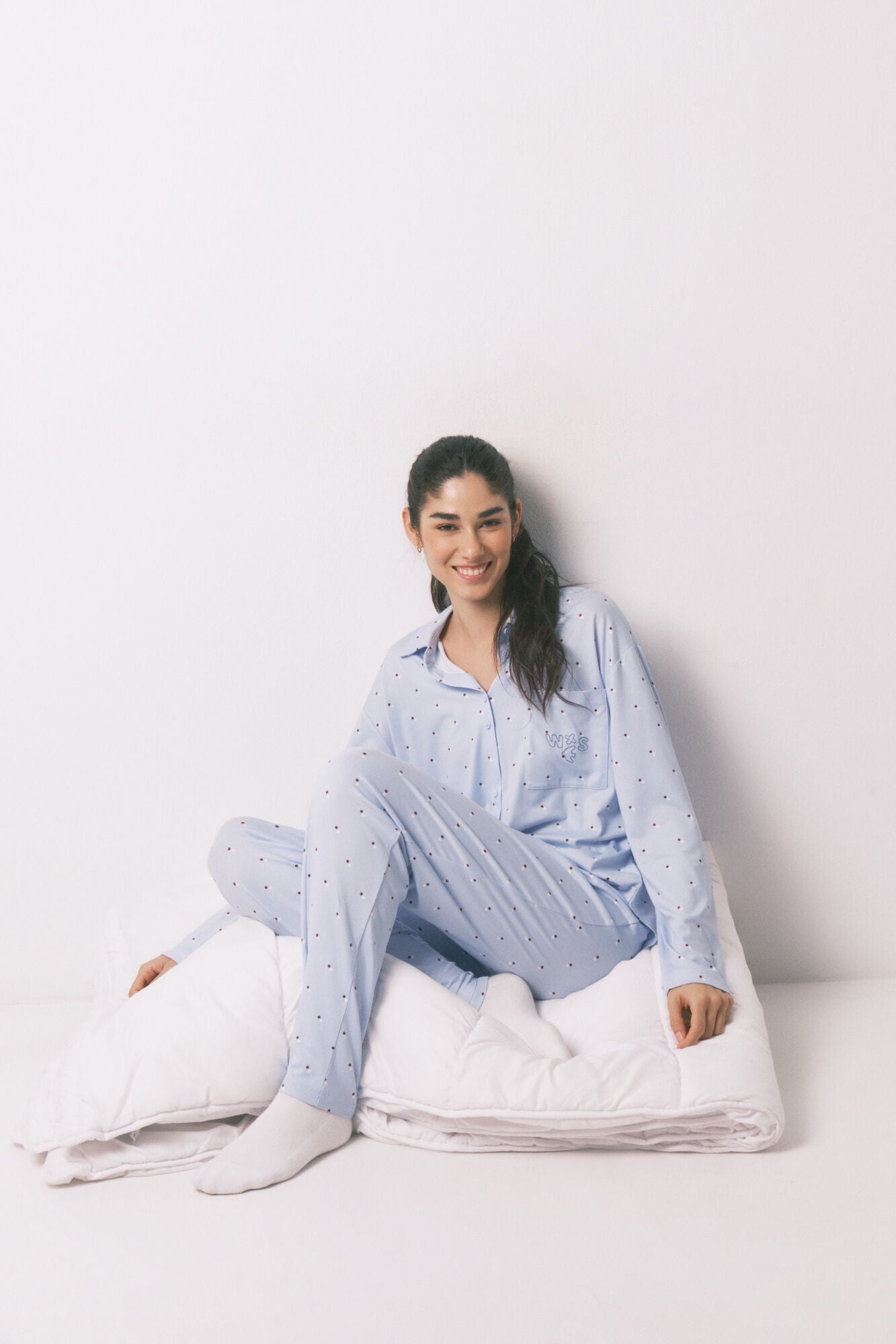Blue long polka-dot print classic pyjamas