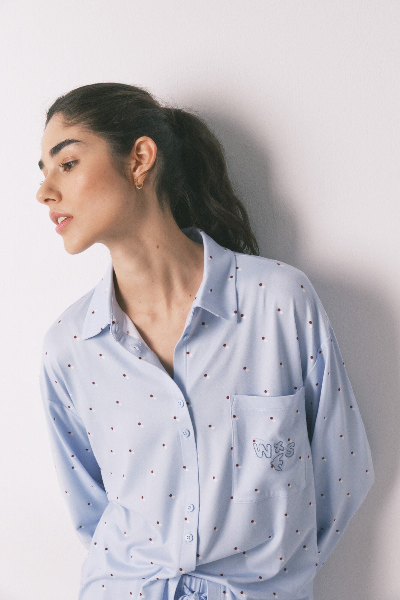 Blue long polka-dot print classic pyjamas