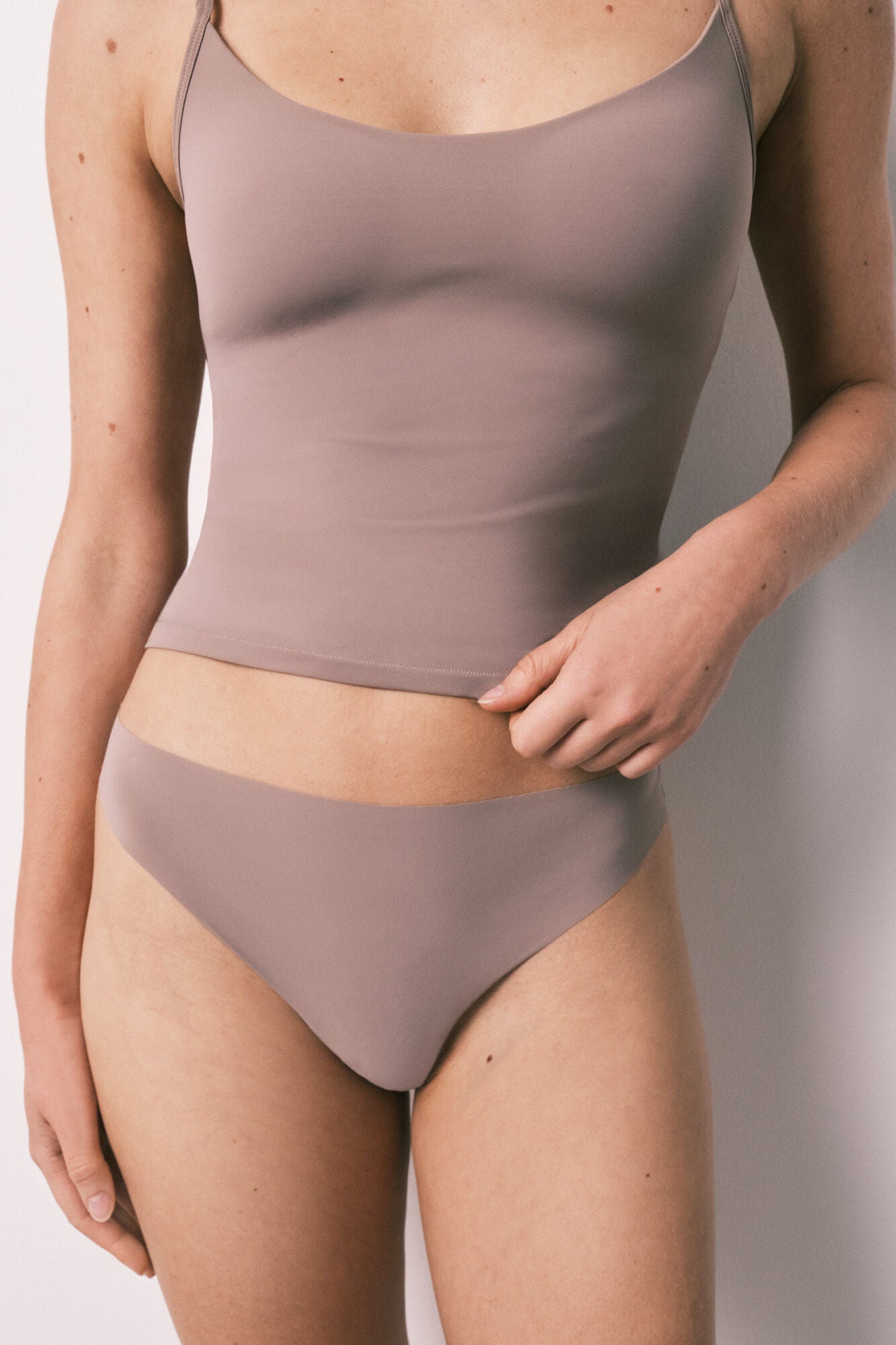 Brown clean cut microfibre thong
