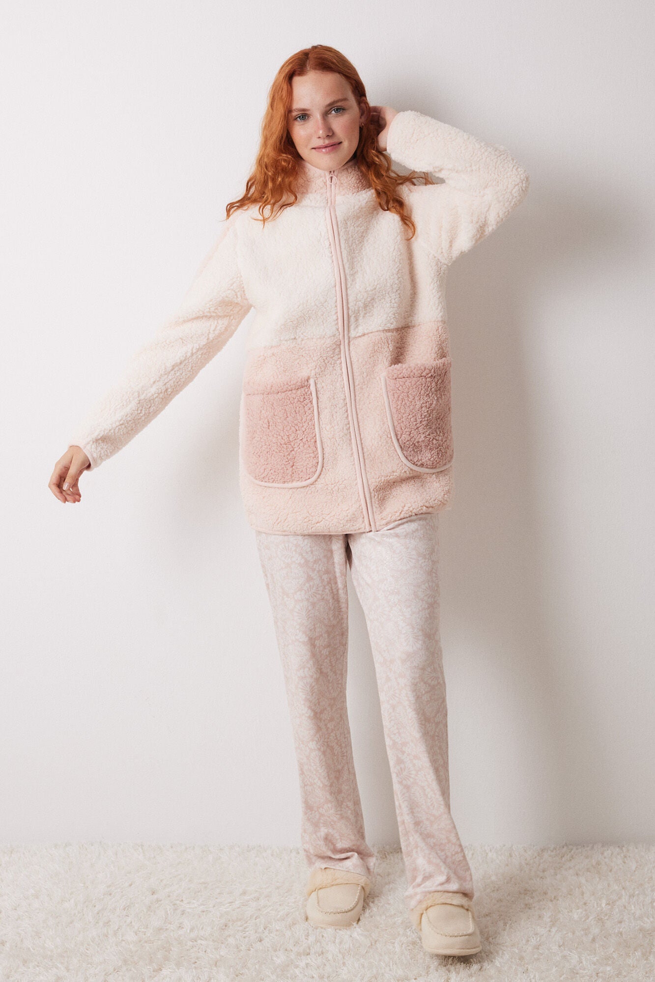 Pink faux shearling stockings robe