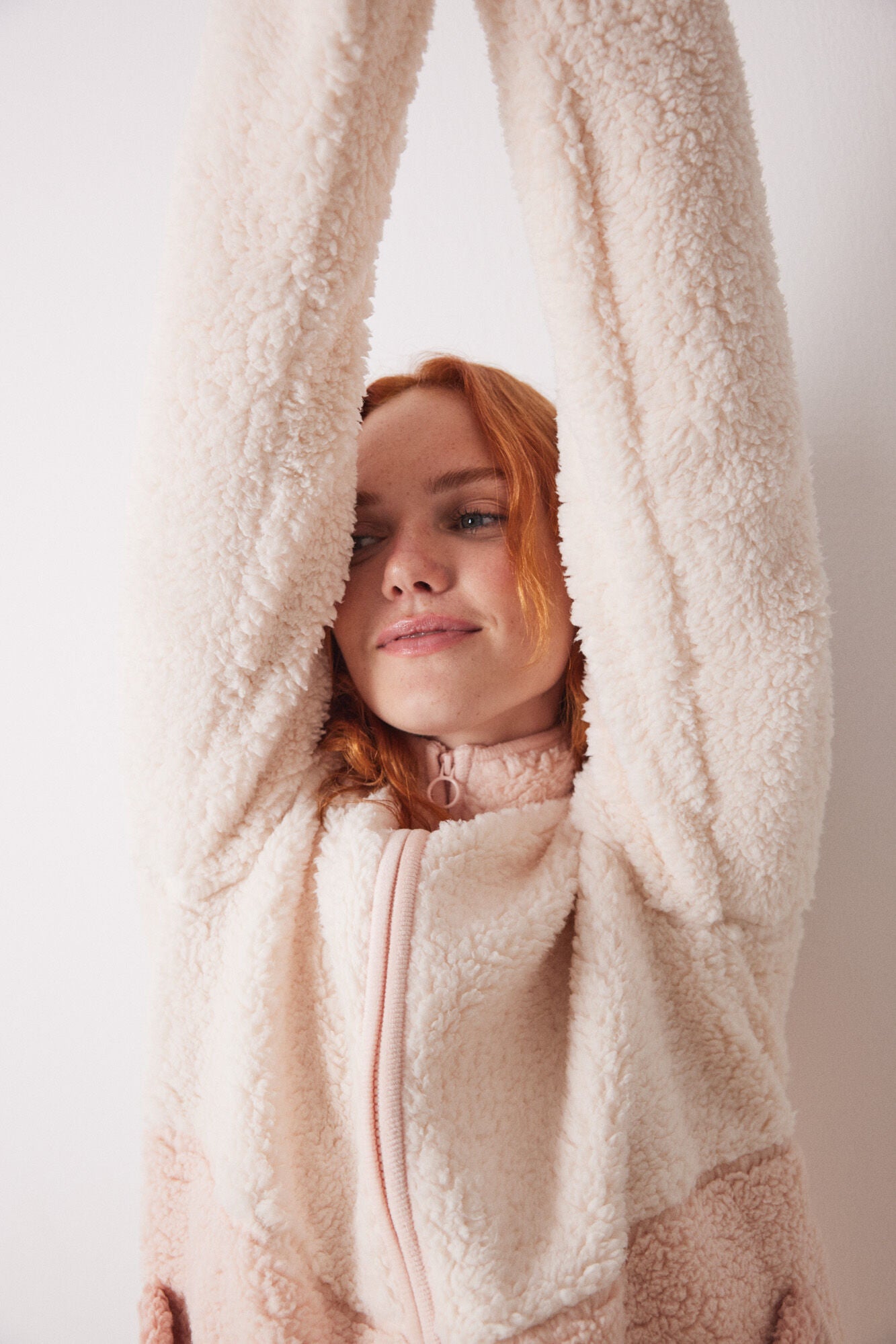 Pink faux shearling stockings robe