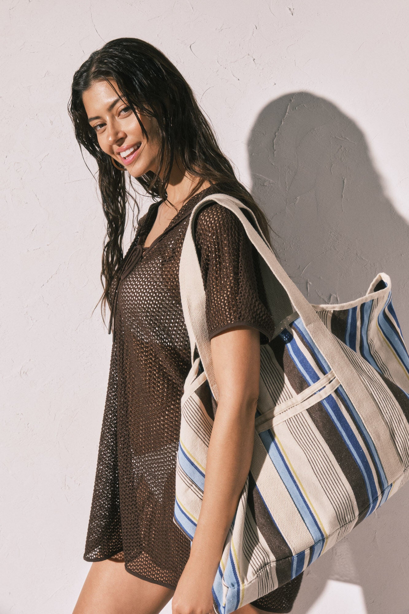 Striped print beach shopper bag
