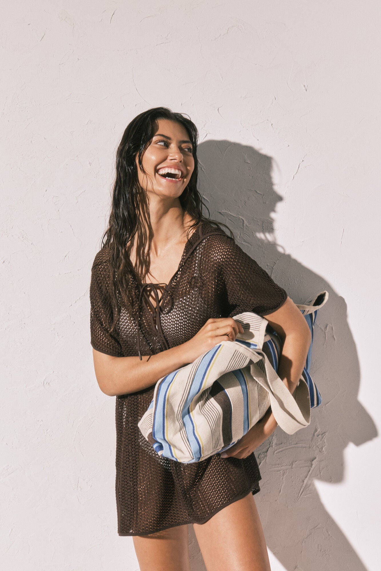 Striped print beach shopper bag